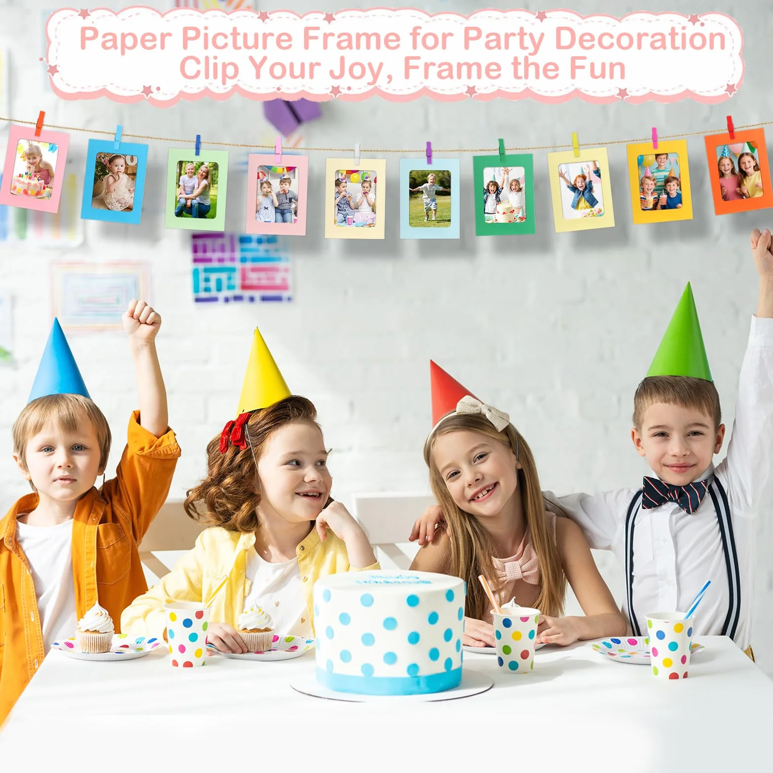 Zestaw 30 kolorowych papierowych ramek na zdjęcia – 11,3 x 15,4 cm, "zrób to sam" z drewnianymi klamerkami, liną konopną, naklejkami diamentowymi – kreatywna girlanda fotograficzna do dekoracji