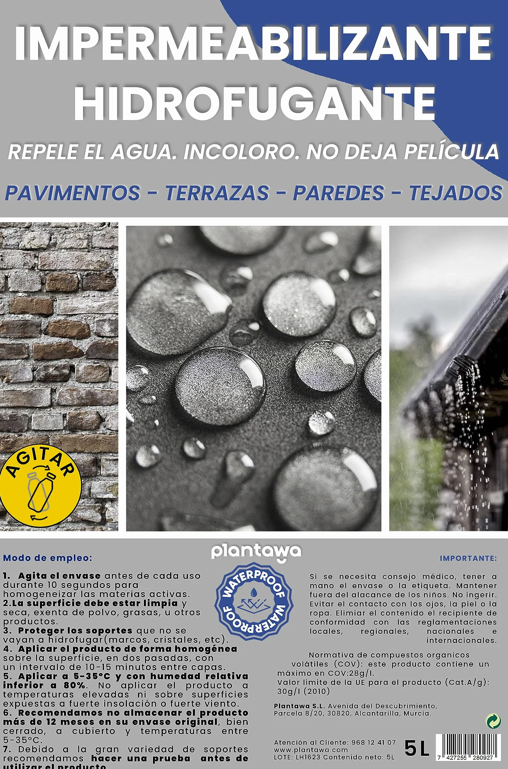 Plantawa Przezroczysty materiał hydrofobowy, nieprzepuszczający wody, nie tworzy folii, pełna ochrona fasad, betonu, tarasów, dachów, wodoodporności (5 litrów).