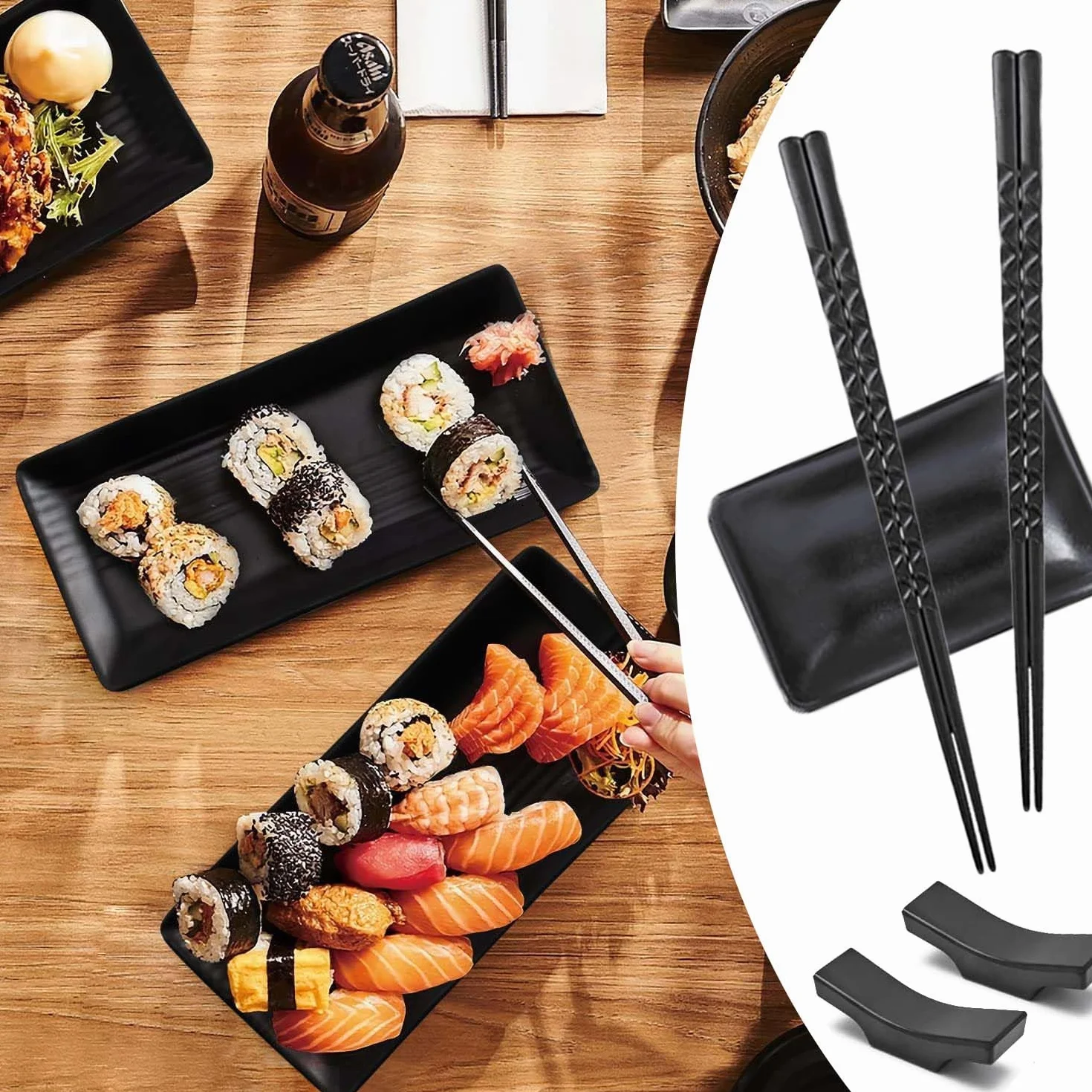 Talerz do sushi 8-częściowy łupkowy 21x10 cm z miseczkami i pałeczkami