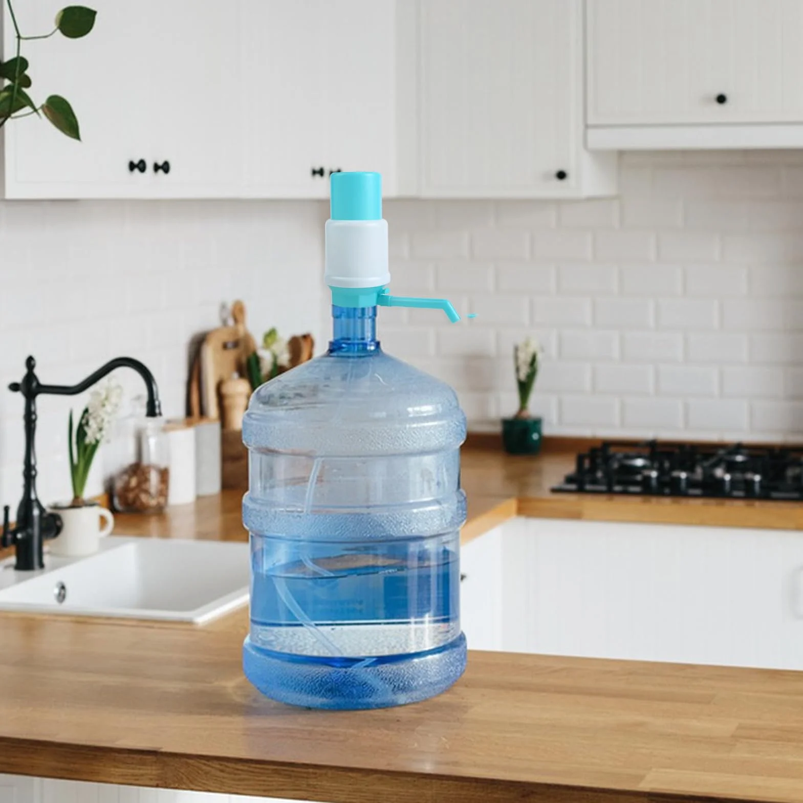 Water Gallon Dispenser, Manual Water Bottle Pump, Leakproof Hand Press Spout, Adjustable Tube Length, for Home Camping Agency Use, 7.09x3.15x3.94 Inches, Blue, 1 Piece