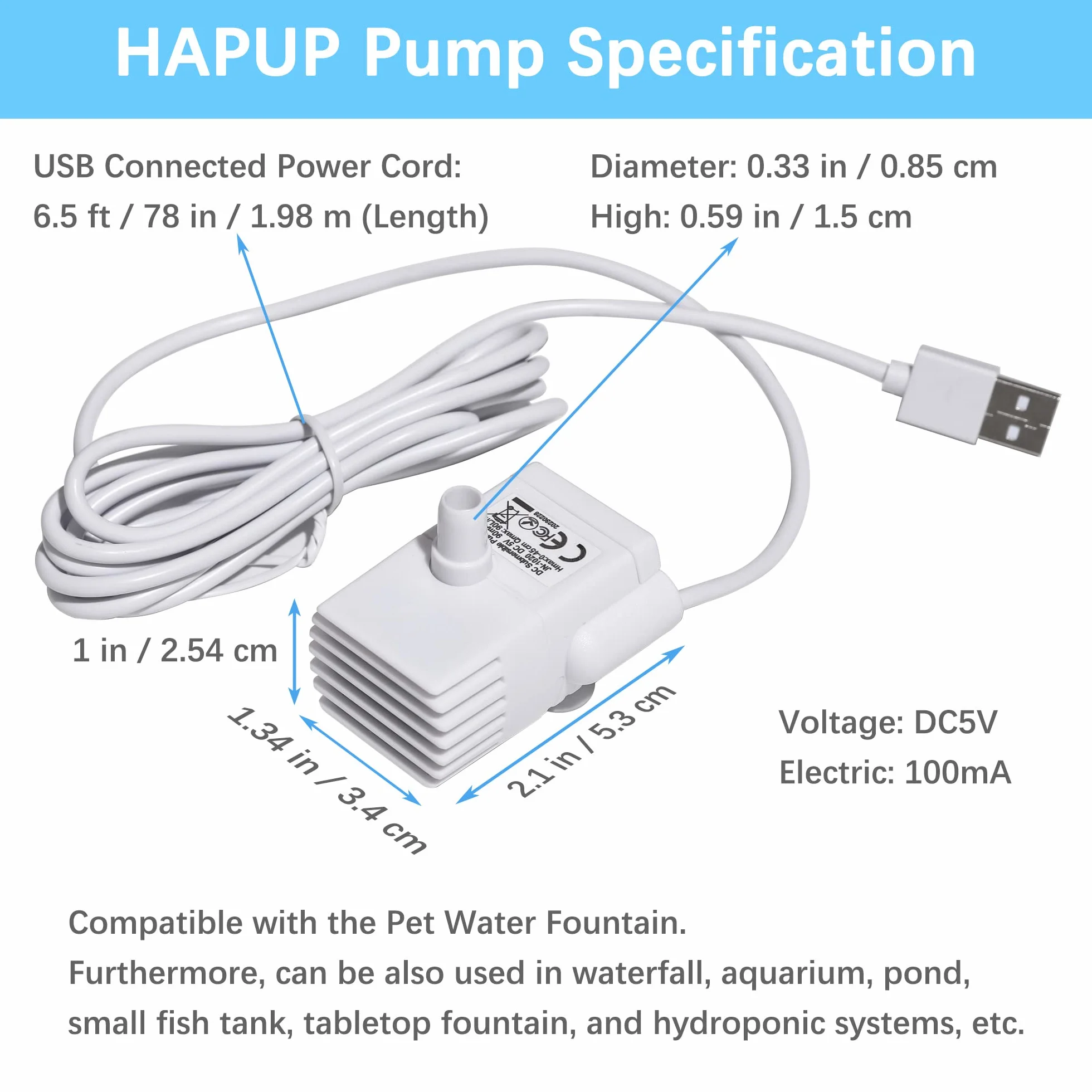 HAPUP Zatapialna pompa do fontanny USB 5 V 1,98 M automatyczna pompa zastępcza dla kotów do fontanny dla zwierząt domowych