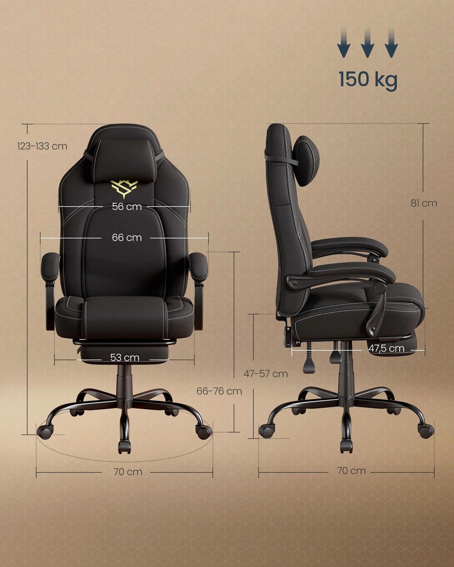 SONGMICS HOME Krzesło gamingowe, ergonomiczne krzesło komputerowe z podnóżkiem, krzesło biurowe, krzesło obrotowe z poduszką pod głowę, mieszanka bawełny i lnu, z regulacją wysokości, kolor czarny