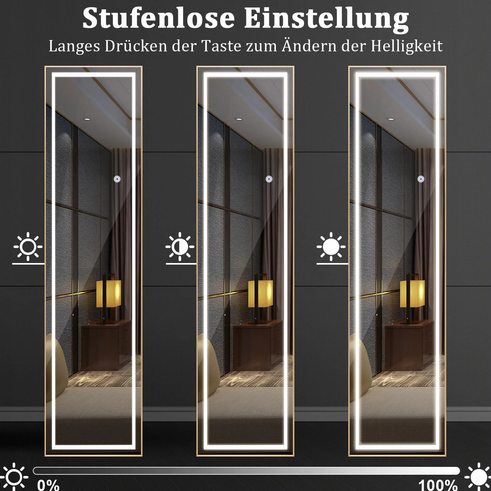 COSTWAY Lustro stojące 2 w 1 z oświetleniem LED, 3 kolory światła, możliwość ściemniania, lustro garderobiane ze złotą ramą aluminiową, do korytarza, sypialni, salonu