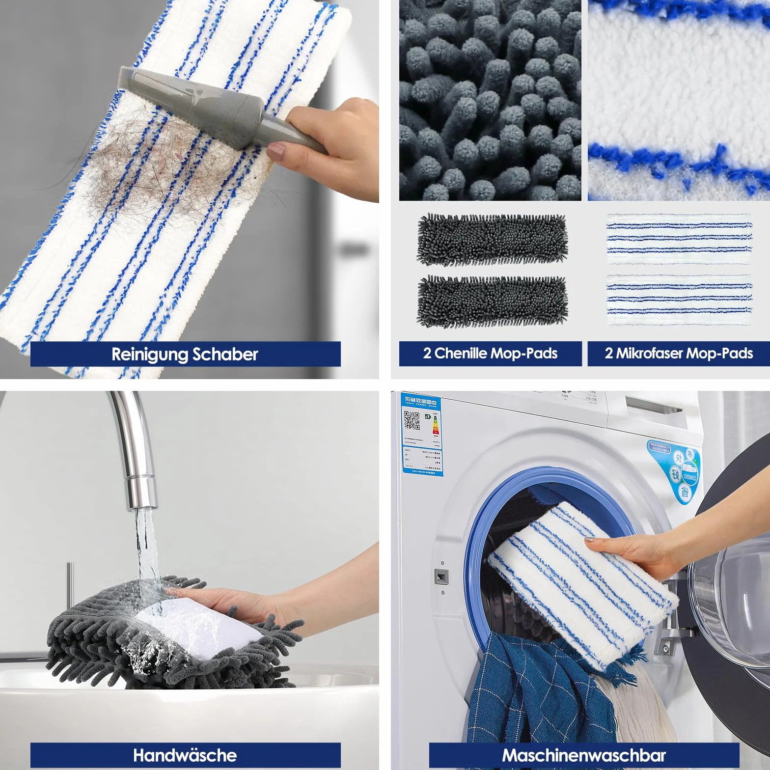 Myiosus Mop podłogowy, mop, obrót o 360°, z uchwytem teleskopowym 128 cm, płaski mop z 4 podkładkami, mop z mikrofibry do twardego drewna, laminatu, płytek, szybkie usuwanie
