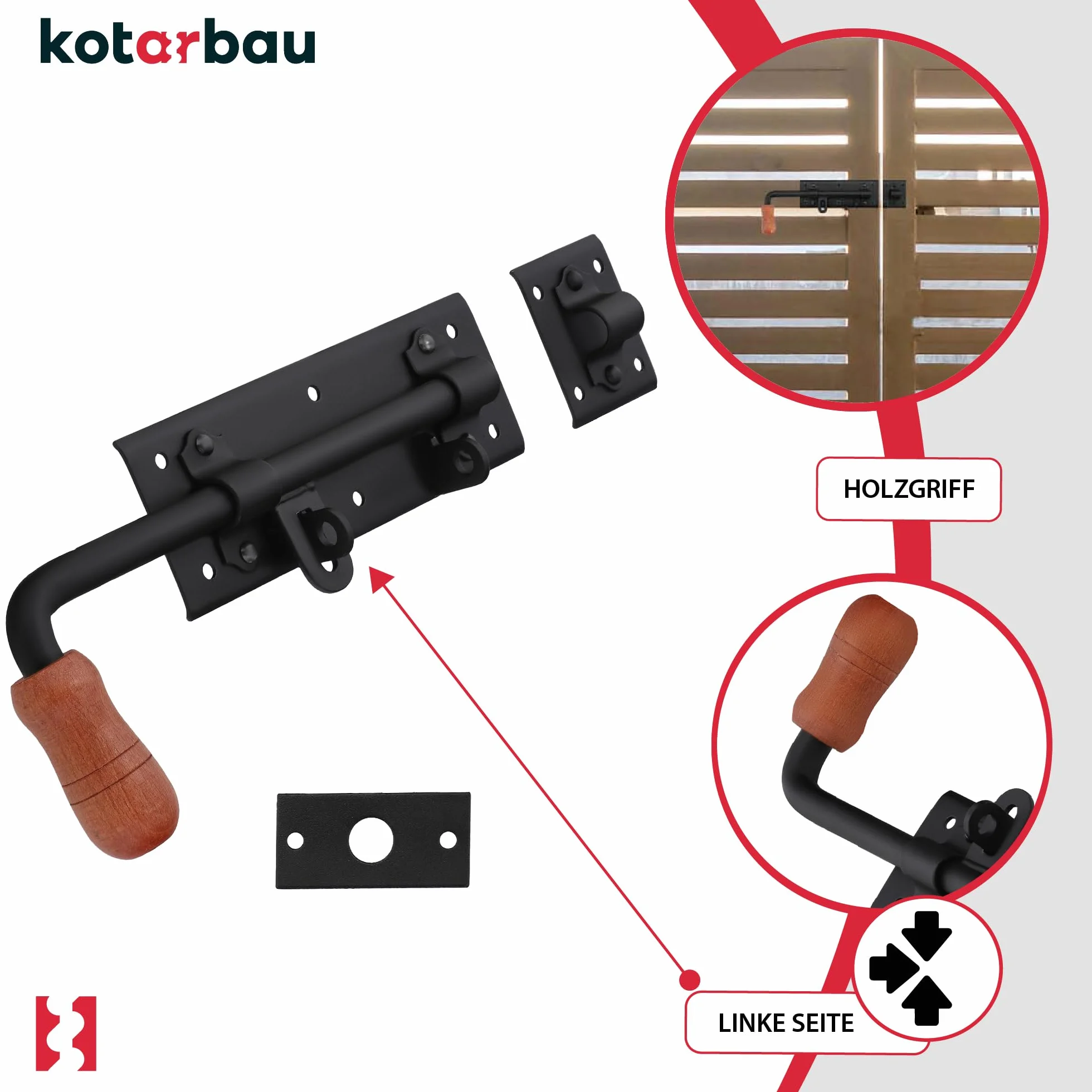 KOTARBAU® Brygiel do bramy 280 mm lewy rygiel do drzwi rygiel zamkowy rygiel zamkowy powlekany proszkowo zamek ryglowany zamknięcie bramy czarny najwyższa jakość