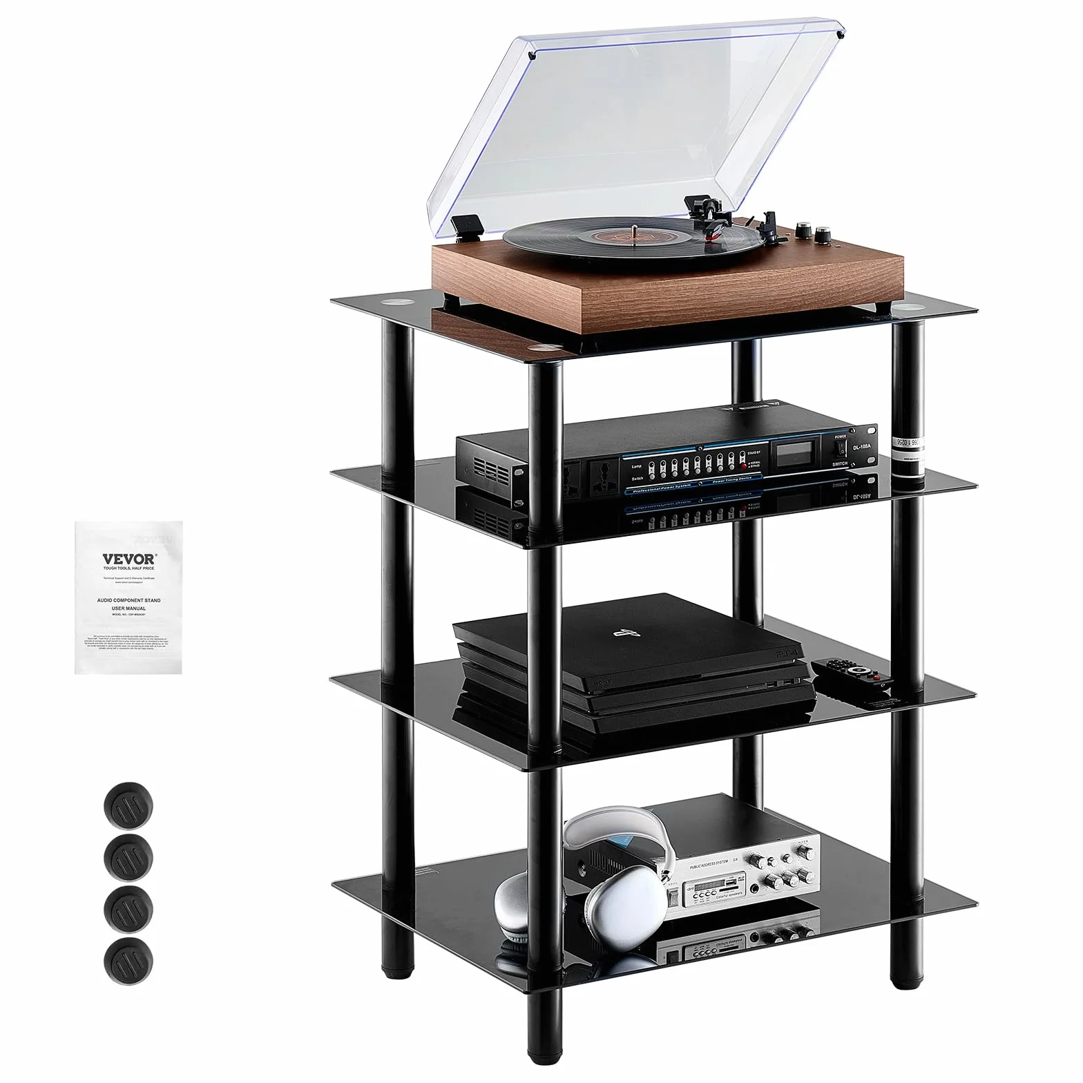 VEVOR 4-poziomowa wizualna szafka audio, półka multimedialna ze szkła hartowanego, stojak HiFi z diodami LED do obudów DVD, kabli/konsol do gier, szafka do przechowywania pokoju gier/nagrywania