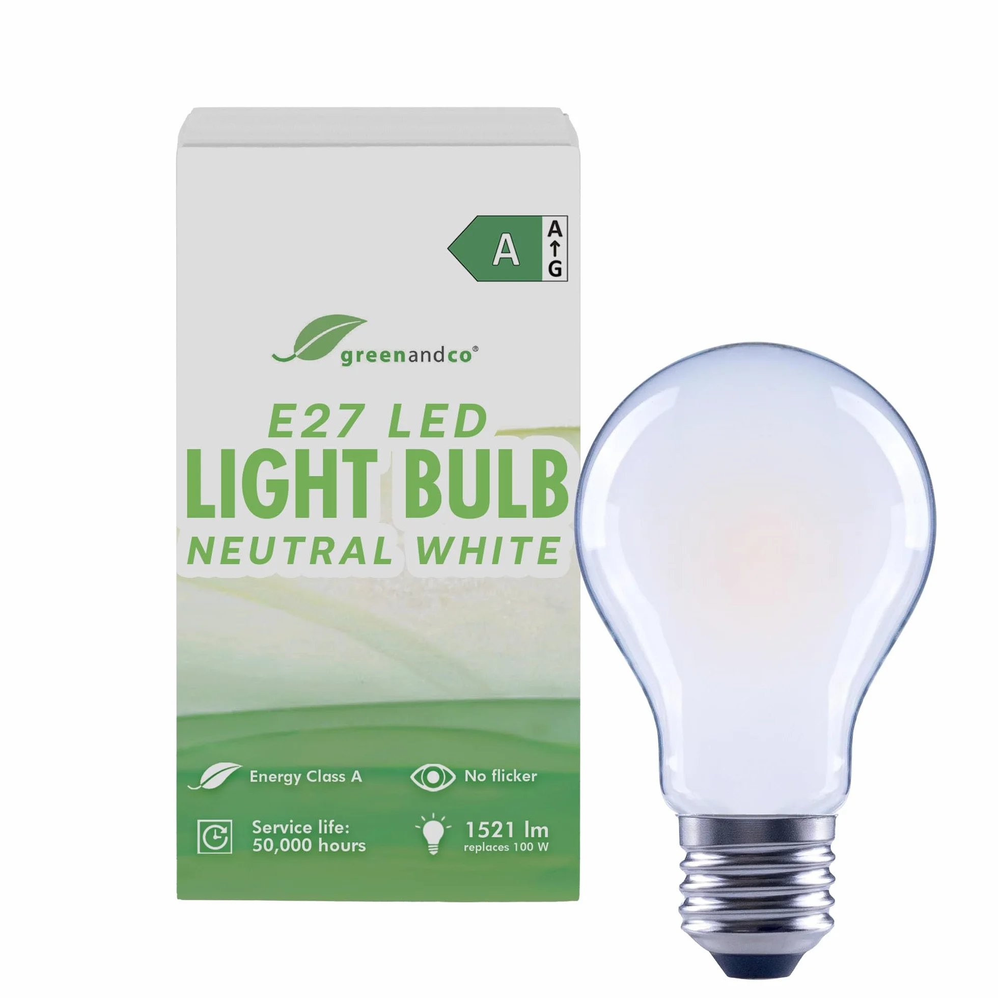 greenandco Żarówki LED | matowe | E27 A60 | 7,2 W 1521 lm | zastępuje 100 W | 4000 K neutralna biel | 320° | 230 V | bez migotania | klasa energetyczna A | nie ściemnialna