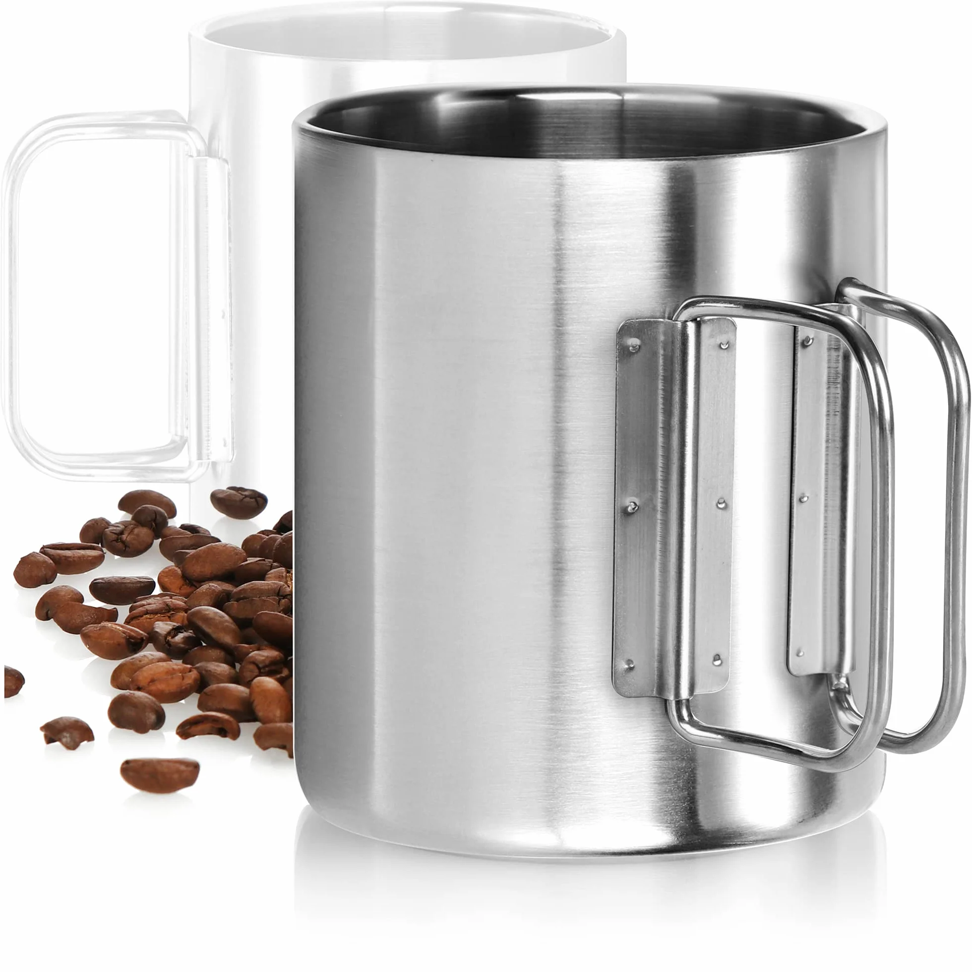 com-four® kubek termiczny stal nierdzewna 350 ml składany uchwyt podwójna ścianka izolacyjna bez BPA srebrny