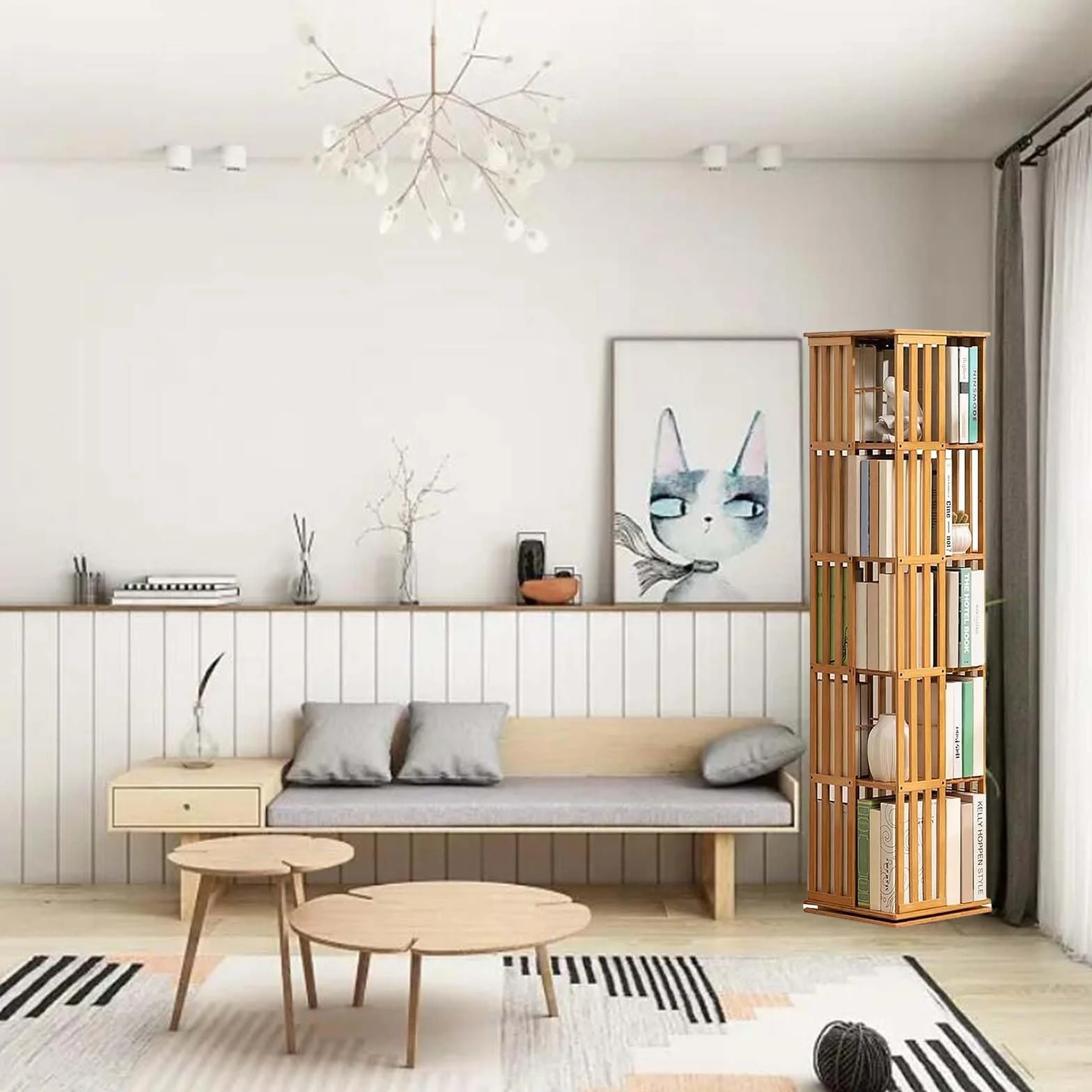 5-poziomowa bambusowa półka na książki 360° Obrotowa półka biblioteczne - narożny stojak ekspozycyjny do salonu, gabinetu, biura - wolnostojąca półka do przechowywania książek (kolor drewna)