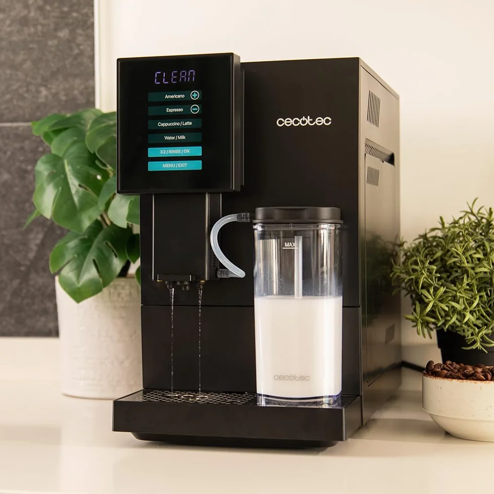 Cecotec Superautomatyczny ekspres do kawy Cremmaet Compactccino Black, 19 bar, system Thermoblock, świeżo zmielone ziarna z Plug&Play, 150 g, zbiornik na wodę 1,1 l, 400 ml mleka