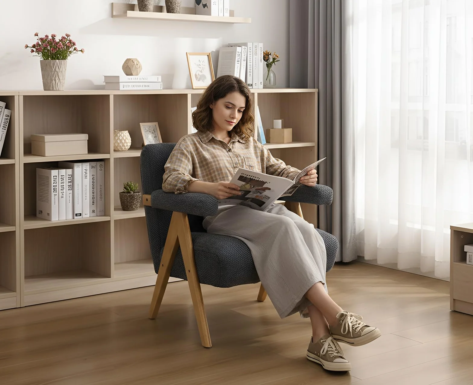 chairus Krzesło Modern Chenille do salonu, fotel akcentowy z litej drewnianej nóżkami, wygodne krzesło wypoczynkowe z podłokietnikami, tapicerowana kanapa jednoosobowa do sypialni, szary