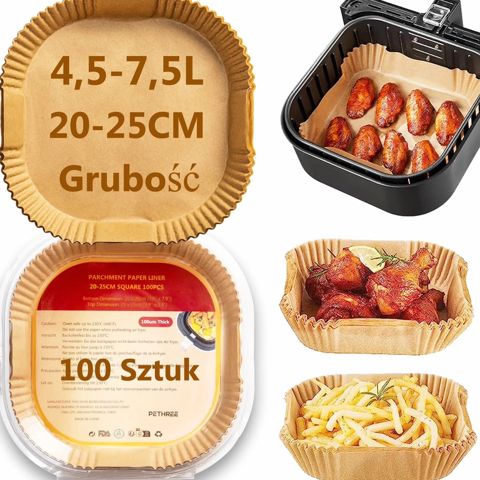 Papier do Pieczenia Frytkownica Beztłuszczowa Airfryer 4,5-7,5L, 100 Sztuk 20-20cm Akcesoria Papier do Frytkownicy