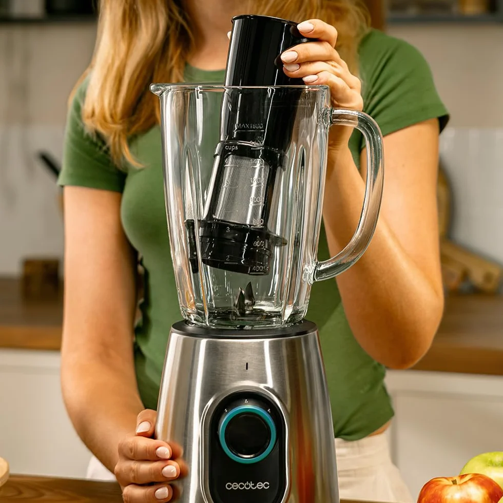 Cecotec Blender do kubków Power Black Titanium 2000MAX Inox Pro. 1800W, 27800 obr./min, 8 ostrzy tytanu, czarny dzbanek ze szkła 1,8 l, 2 prędkości, puls, siekacz lodu, zmywarka, filtr płynny, stal
