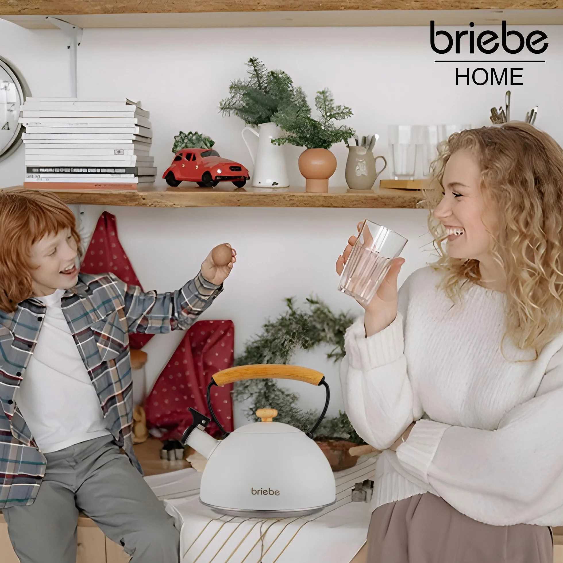 briebe Nordic dzbanek indukcyjny gwizdka 2,3 l, napary, czajnik ze stali nierdzewnej, wszystkie rodzaje kuchenek, płyta ceramiczna, gaz, drewniany uchwyt zimny dotyk, herbata, biały