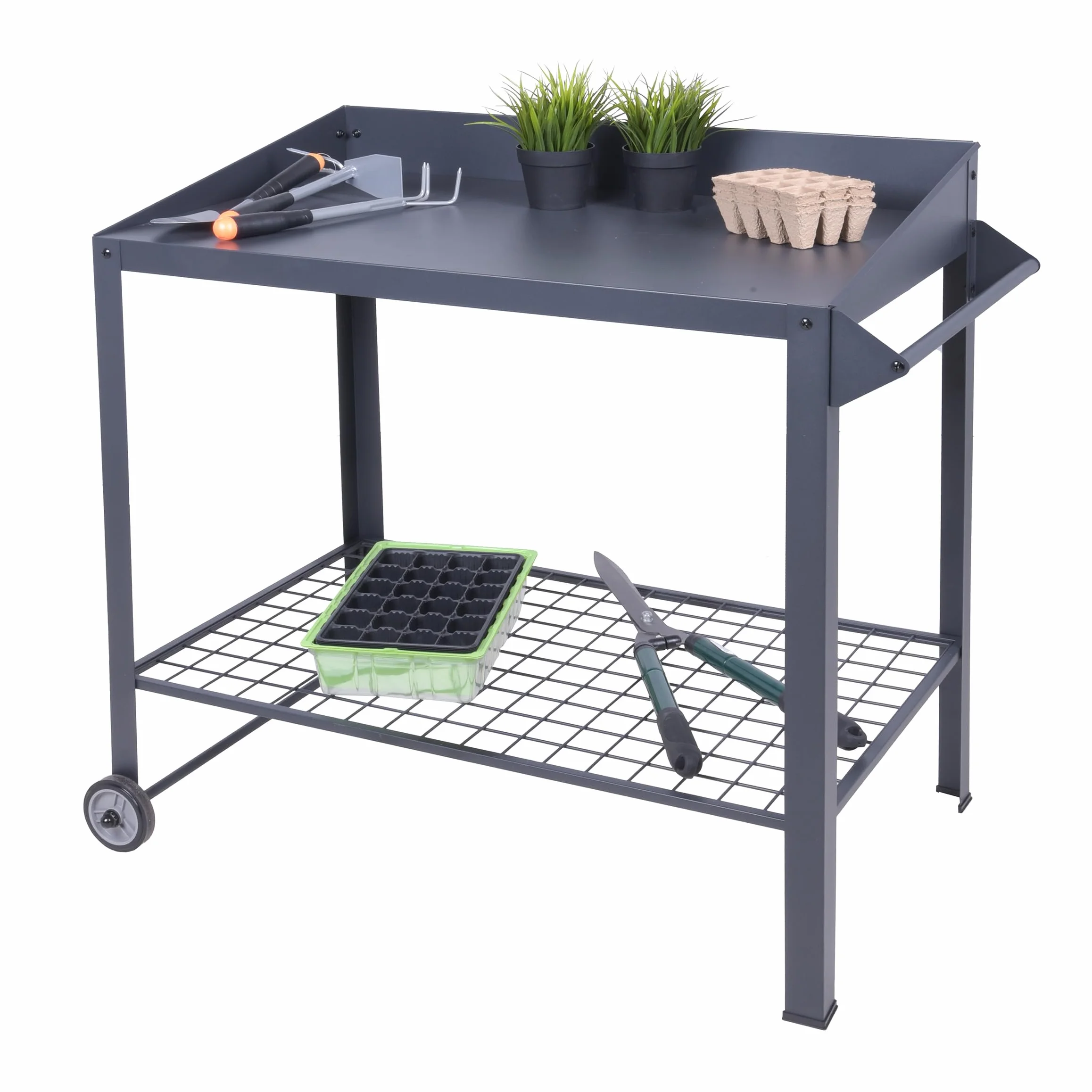 Spetebo Metalowy stół na rośliny na kółkach – 90 x 55 cm – ogrodniczy stół z półką z siatki
