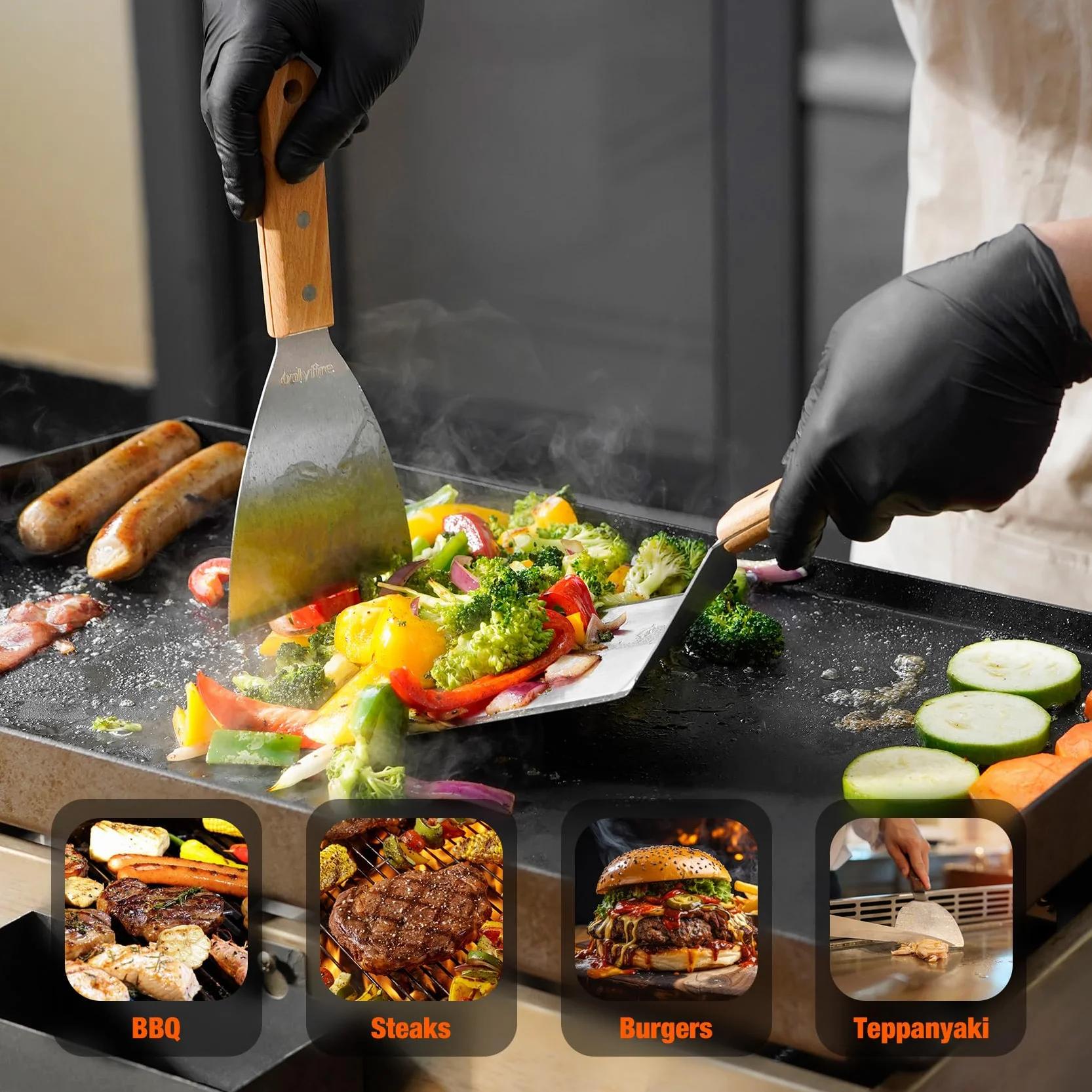 Onlyfire Smash Burger Set, 6-częściowy zestaw narzędzi do grilla, w tym okrągła prasa do burgerów, 2 szpatułki do grilla, prasa do patty, 2 dzwonki do burgerów, zestaw sztućców do grilla do planchy