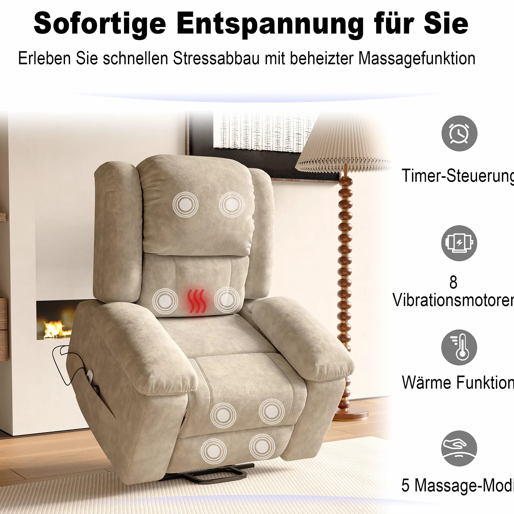 PerGar Elektryczny fotel do masażu, fotel z funkcją ogrzewania, fotel do masażu z funkcją wspomagania wstawania, fotel do masażu z 8 punktami wibracji i 5 trybami, fotel do leżenia 160° z wyściełanymi