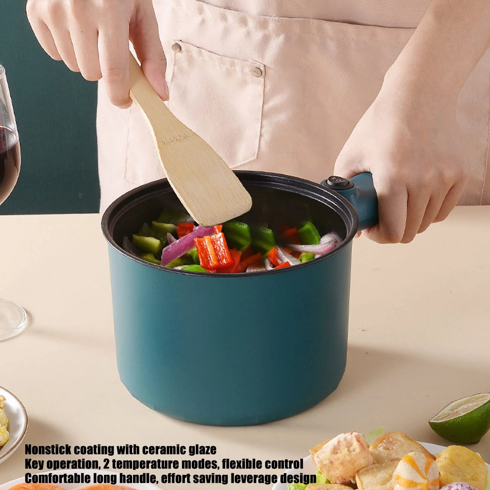 Gorący Garnek Elektryczny, Mini Garnek do Ramen 1,8 L Szybkowar do Makaronu Nieprzywierająca Patelnia do Smażenia Mini Garnek 2 Tryb Temperatury 6 Funkcji z Długim Uchwytem Kuchenka(#1)