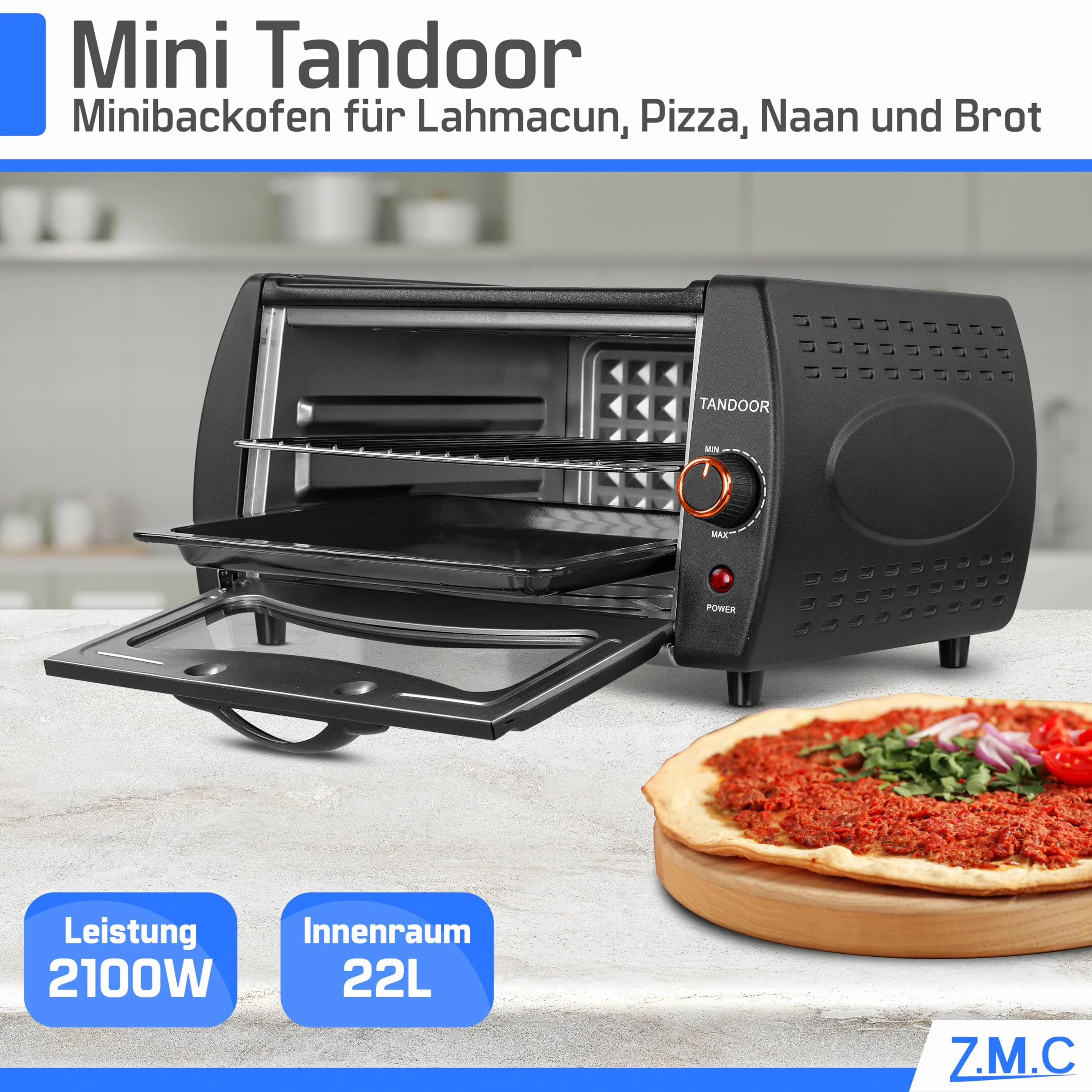 ZMC Mini Tandoor 2100 W 22 l – piekarnik do lahmacun, pizzy, naan i chleba, w zestawie blacha do pieczenia i ruszt do grillowania. Szybkie nagrzewanie, idealny