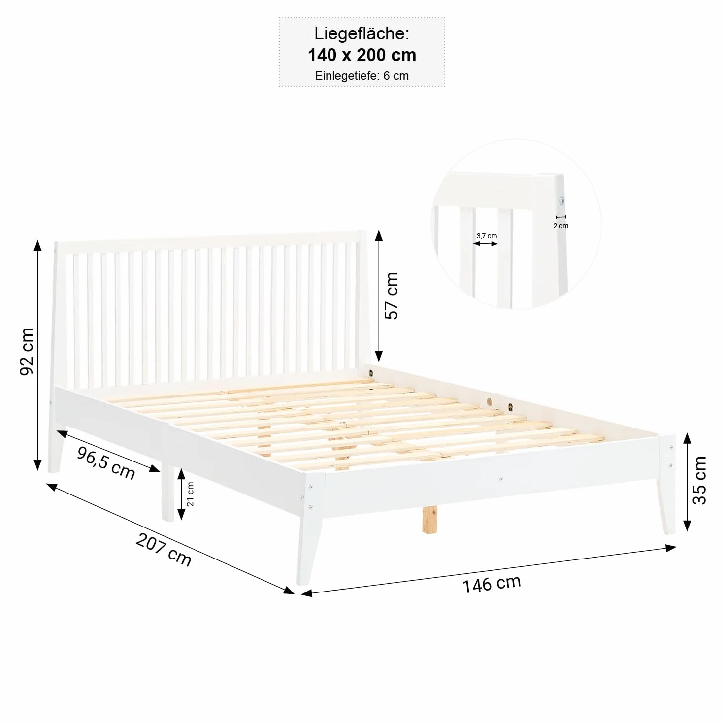 Homestyle4u 1844 łóżko drewniane 140 x 200, ze stelażem, białe, lite drewno sosnowe