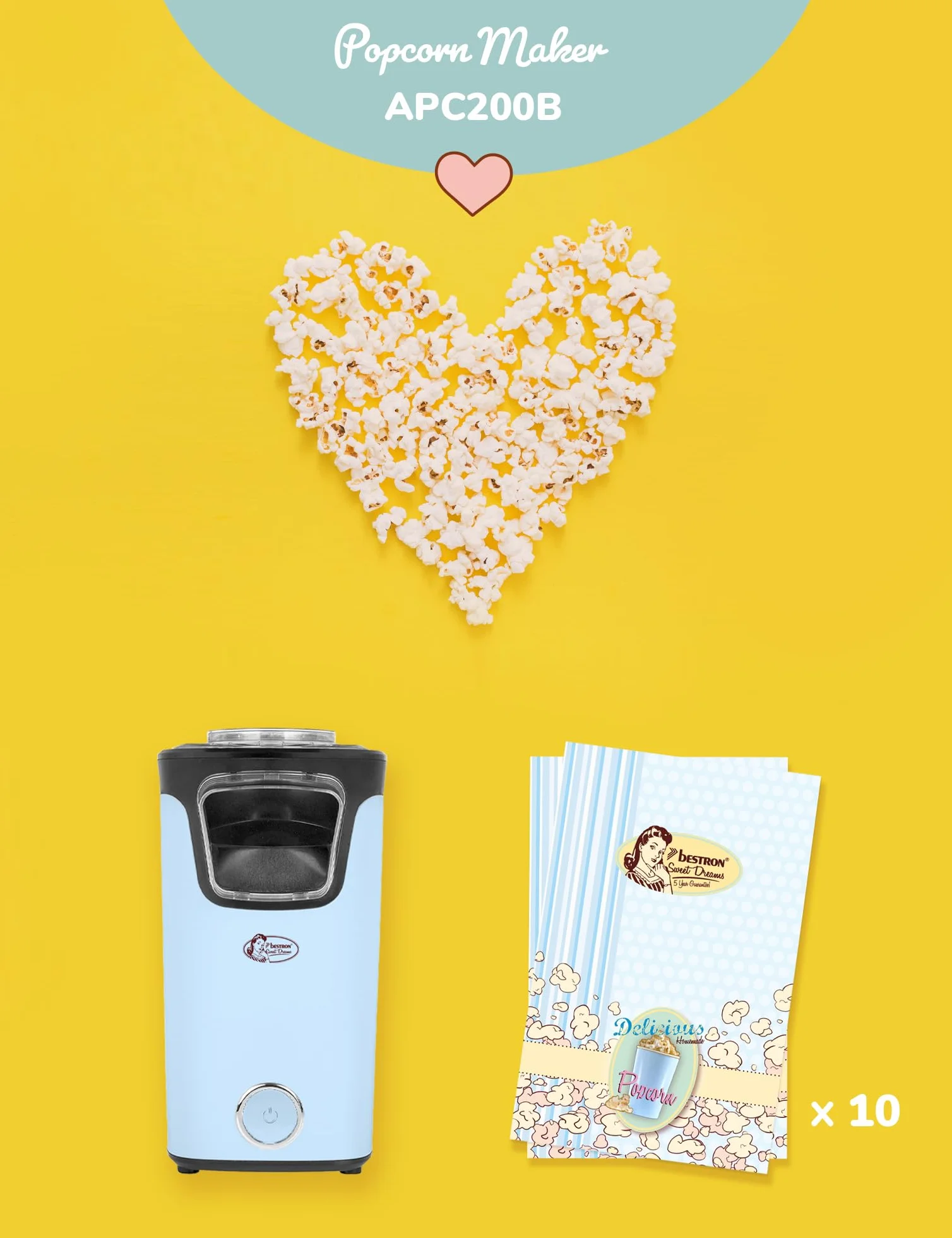 Bestron Maszyna do popcornu z technologią gorącego powietrza, turbopopcorn, 10 torebek, Sweet Dreams
