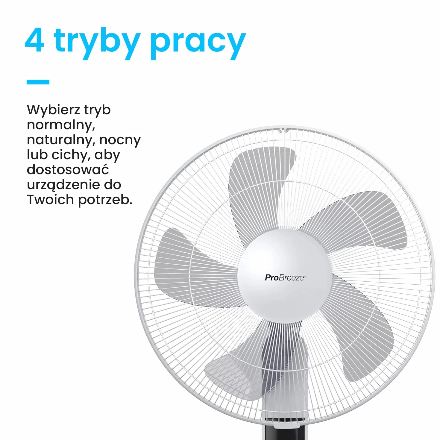 Pro Breeze Wentylator Stojący z Pilotem 40cm 55W Oscylacja 80° LED Cichy Biały