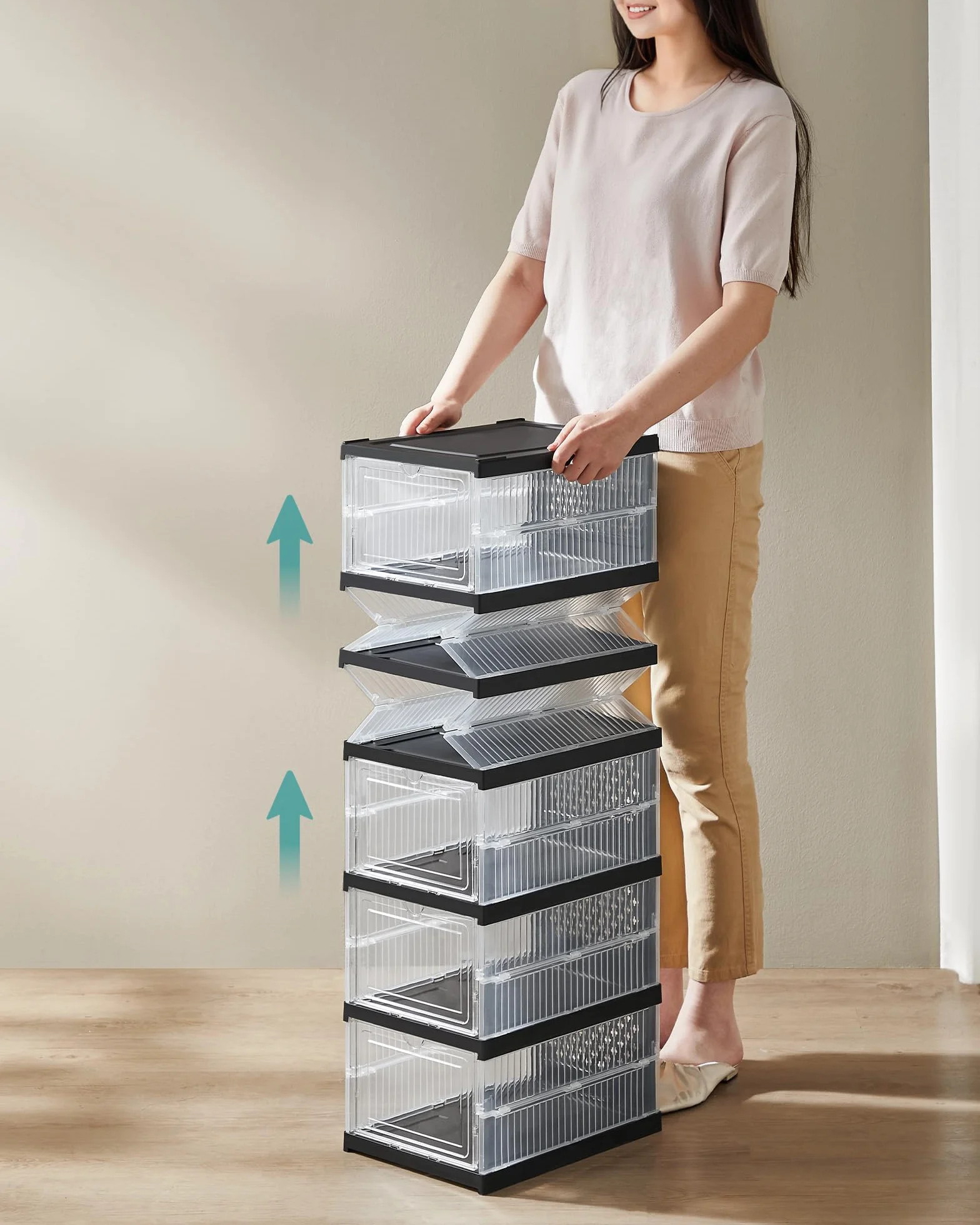 SONGMICS Szafka na buty, 2 sztuki, z 12 pudełkami na buty, zintegrowany organizer na buty, składana, przenośna, na buty do rozmiaru 46, montaż w 1 minutę, przezroczysty tusz czarny LSP206B01