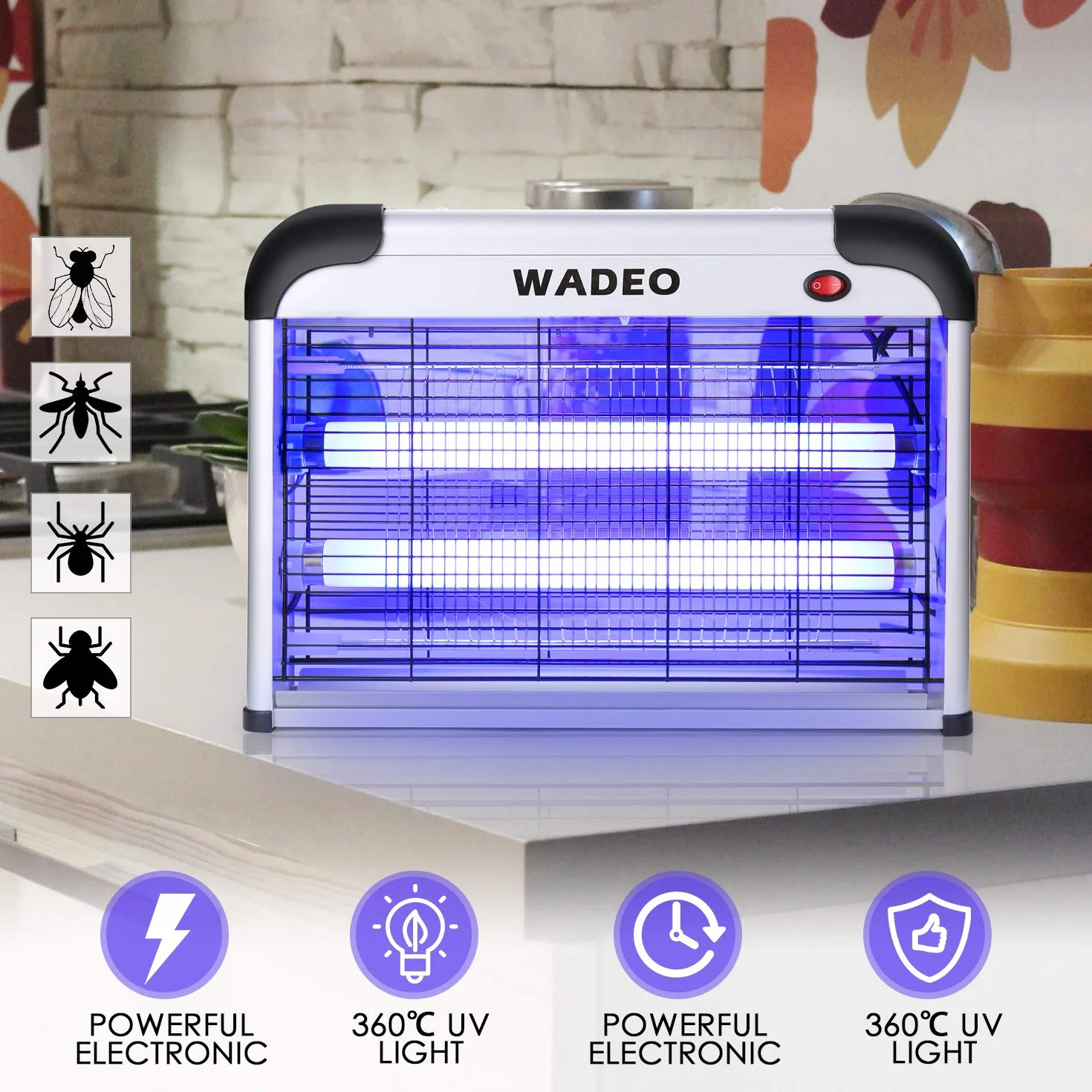 WADEO Elektryczna pułapka na owady, 20 W, lampa przeciw komarom, ochrona przed komarami, bez środków chemicznych, ze światłem LED, pułapka na muchy, pułapka na muchy, lampa do zawieszenia, nadaje się