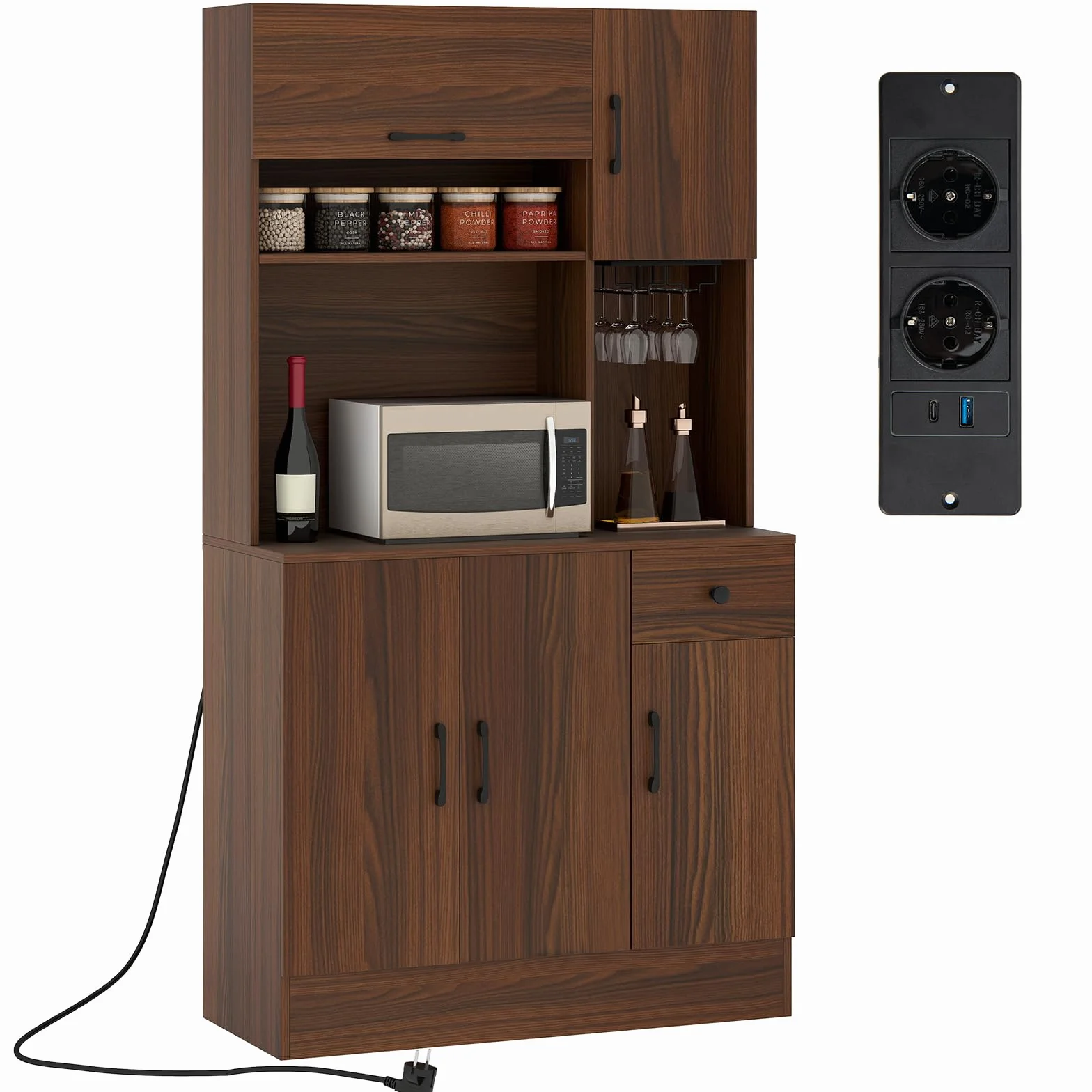 COSTWAY Drewniana szafka kuchenna, kredens z gniazdkami i portami USB i typu C, wysoka szafka z regulowanymi półkami i szufladą, do kuchni i salonu, brązowa, 90 x 39 x 167 cm