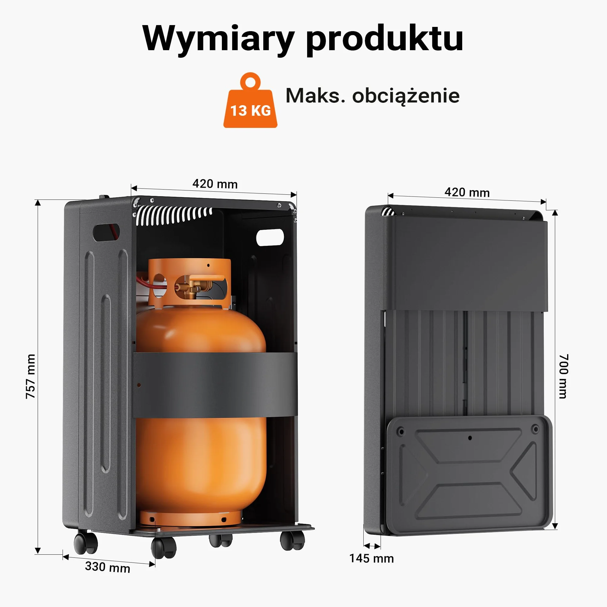 Wiltec Piecyk gazowy na butle 4,2 kW grzejnik 42 x 45 x 75,7 cm składany ogrzewacz gazowy na taras z zabezpieczeniem ODS na kołach, kompatybilny z butlami gazowymi do 13 kg