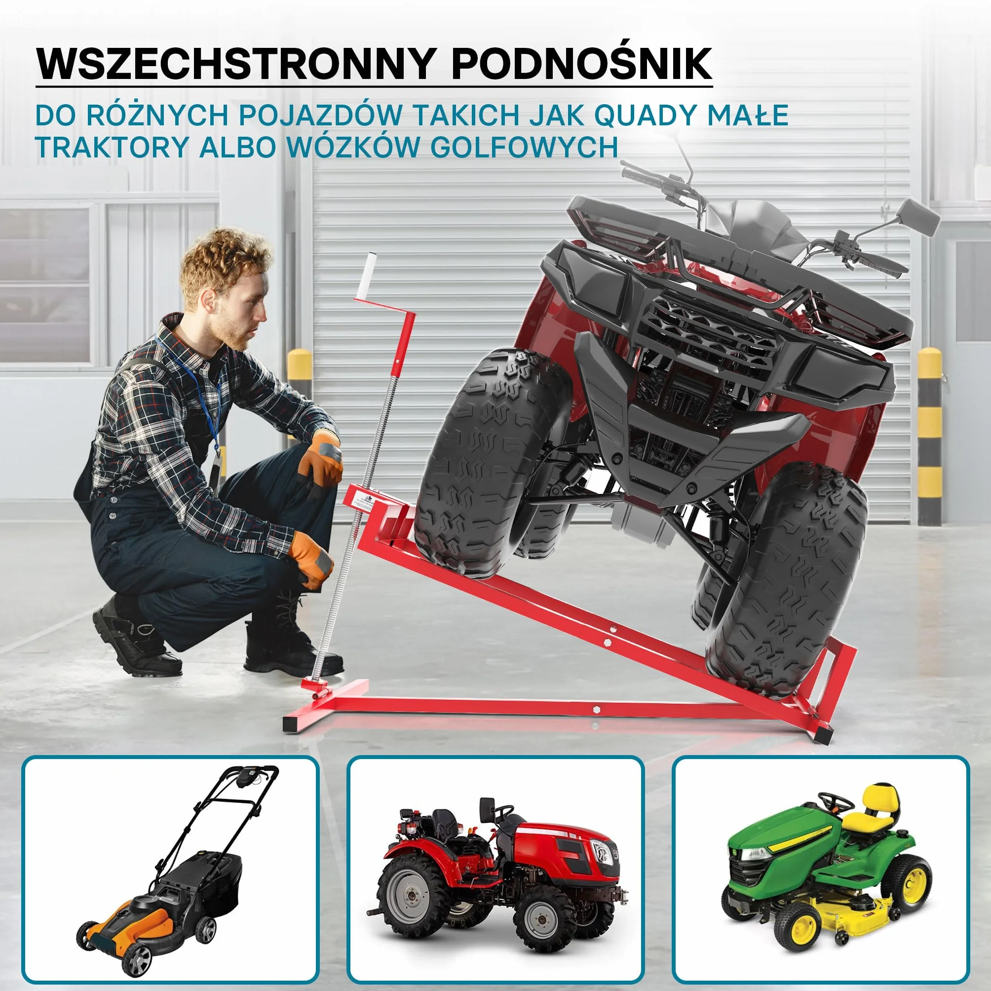 Wiltec Podnośnik boczny do traktorka kosiarki i quada do 400 kg, stalowy z regulacja nachylenia do 35°, bezpieczne serwisowanie maszyn ogrodowych