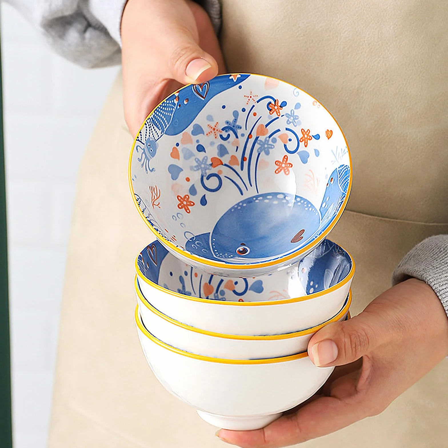 Zestaw 6 ceramicznych misek 300 ml z wzorem niebieskiego wieloryba do ryżu, deserów, musli, lodów, zup i sałatek
