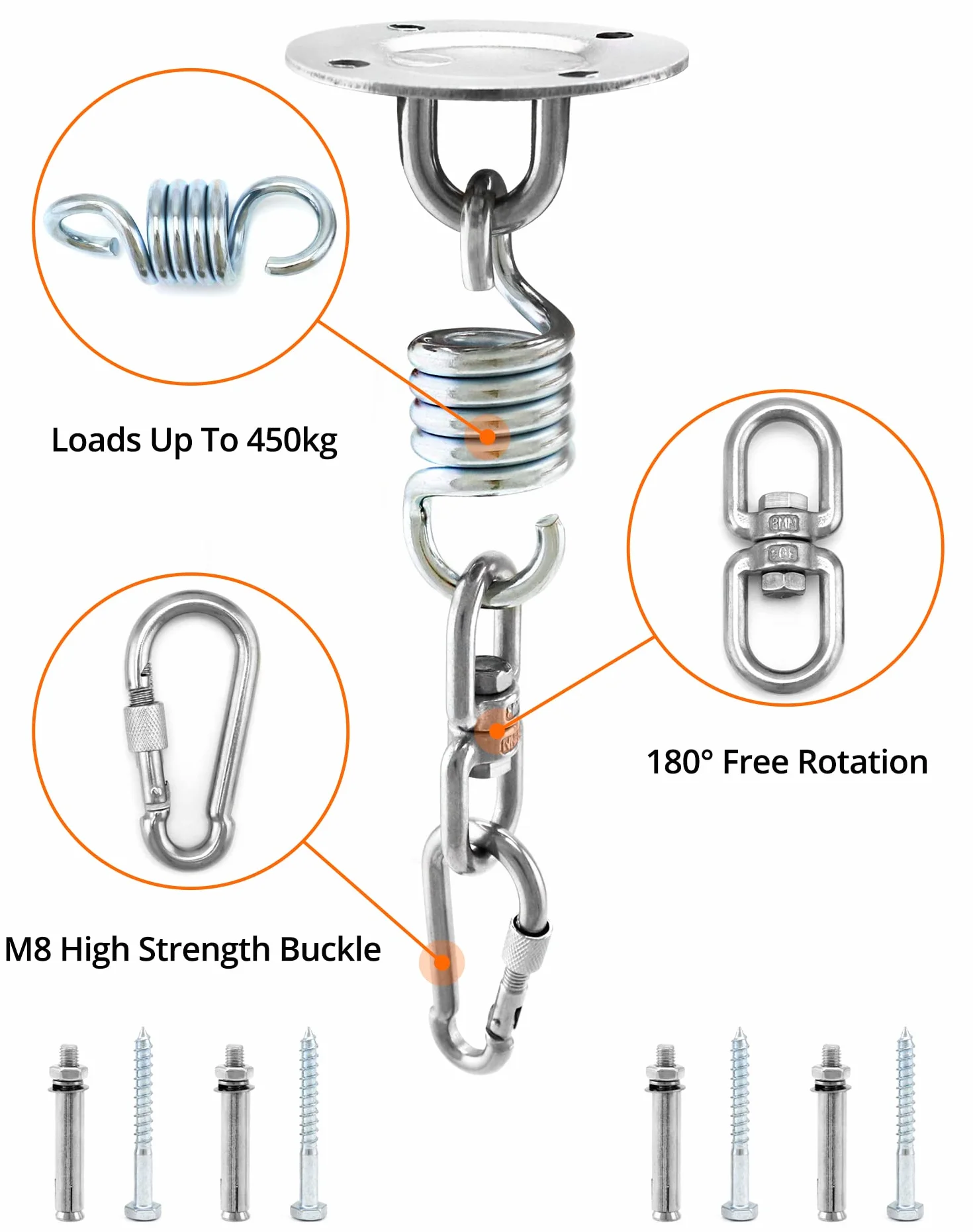 QWORK® Hak sufitowy wiszący fotel huśtawka sprężyna 360 °, stal nierdzewna, uchwyt sufitowy do 450 kg, do hamaka, worek treningowy, huśtawki hamakowe