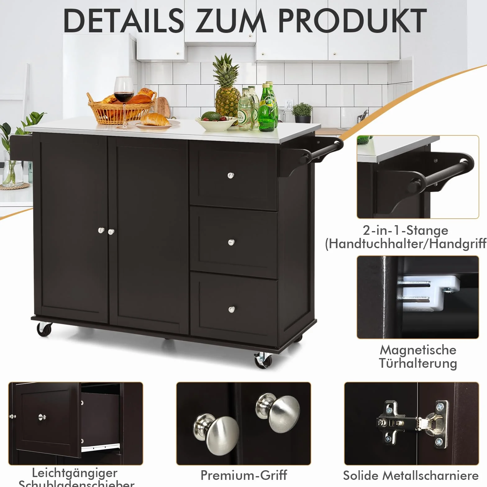 COSTWAY Wózek kuchenny z blatem ze stali nierdzewnej, wyspa kuchenna z 3 szufladami i regulowanymi półkami oraz uchwytem na ręczniki, mobilny wózek do serwowania, wózek wyspowy, szafka kuchenna na
