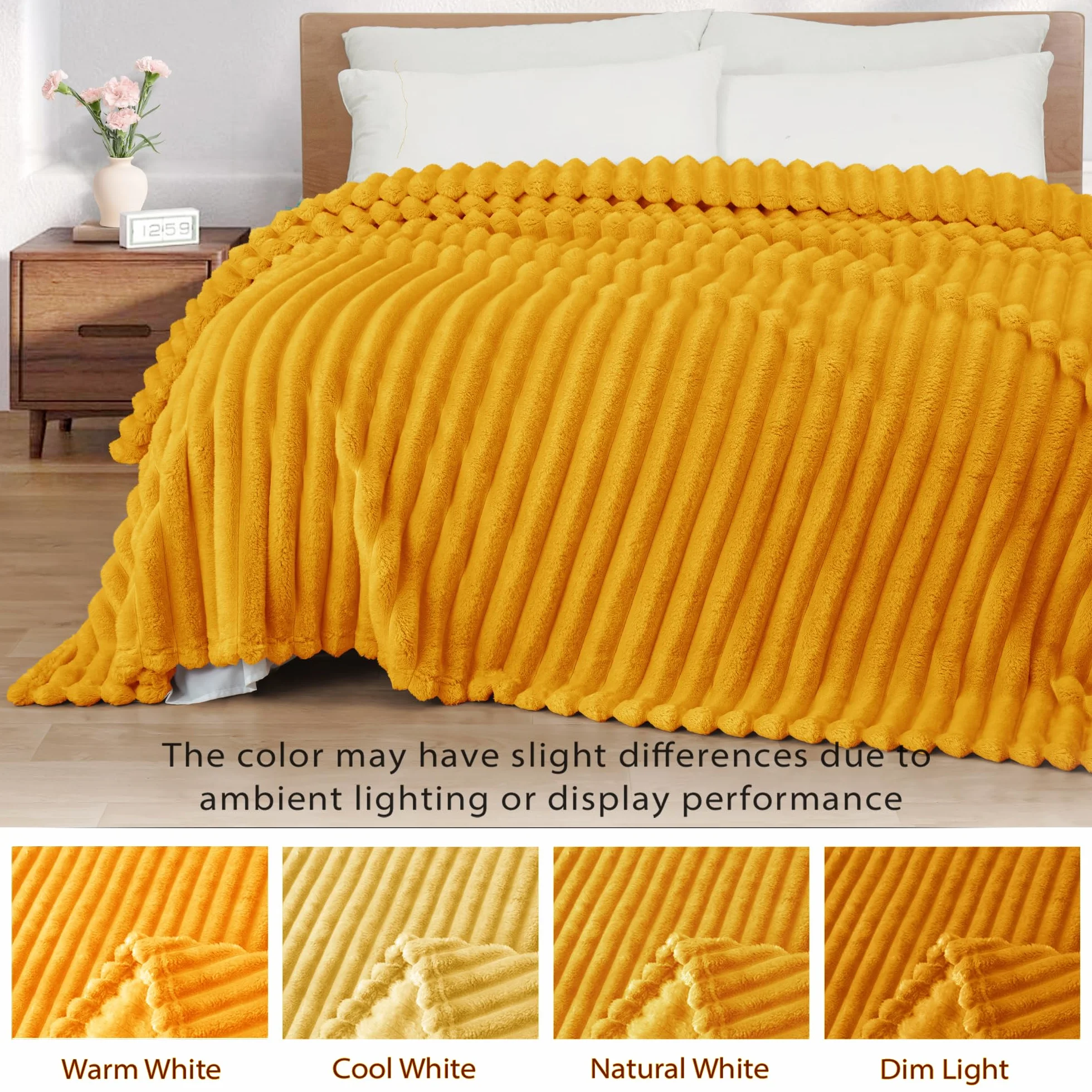 Exclusivo Mezcla Flanelowy koc polarowy w rozmiarze queen size, super miękki żakardowy koc w paski, lekki, puszysty, przytulny na każdą porę roku, 230 x 230 cm, musztardowy żółty koc