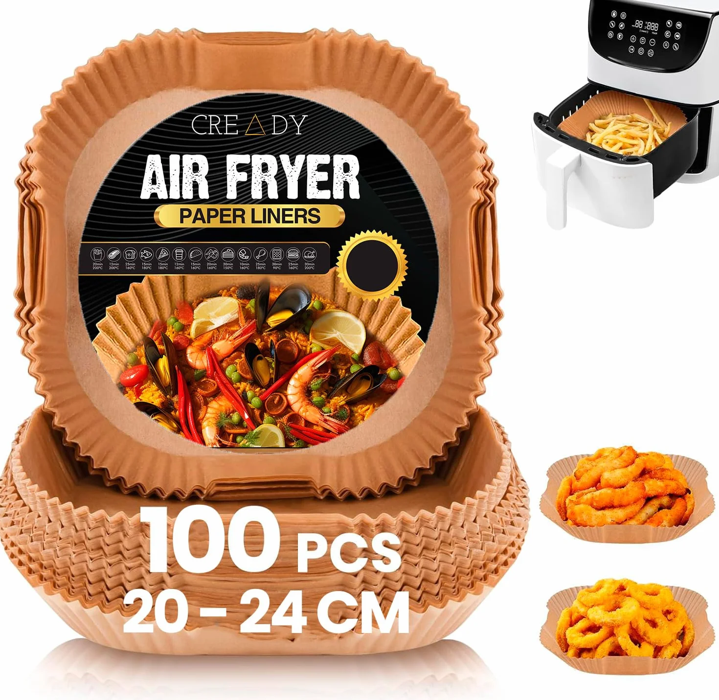 CREADY Papier Premium do Frytkownicy Beztłuszczowej – 100 sztuk, ekstra gruby [20–24 cm] | Akcesoria bez użycia oleju | Kwadratowy | Foremki jednorazowe | Pasuje do Air Fryer Cosori 5,5L i większych