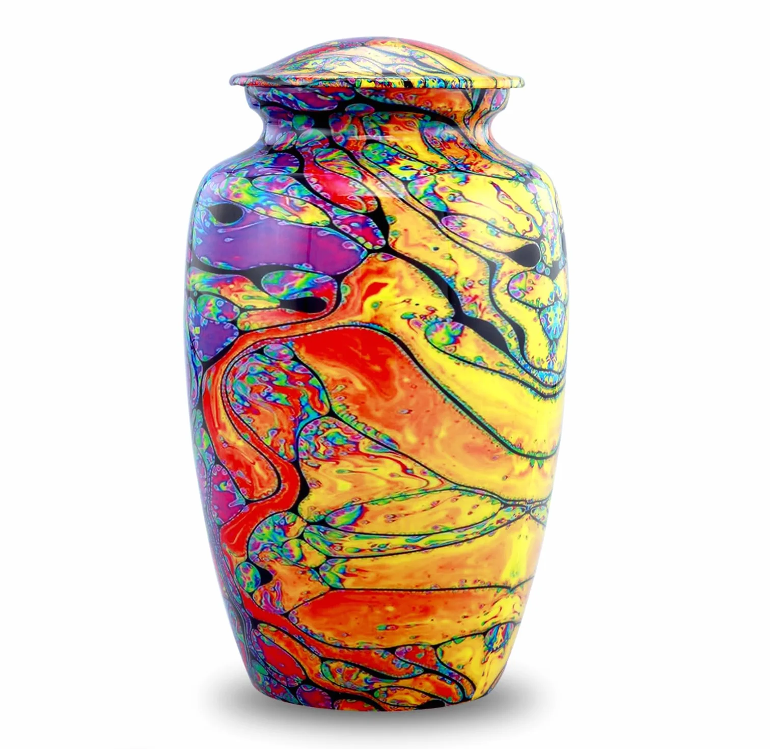 Nowoczesny Nadruk Urna Kremacyjna - Kolorowa, Ręcznie Wykonana Tie-Dye na Prochy Ludzkie - Pamiątka z Aksamitnym Woreczkiem (Duża)