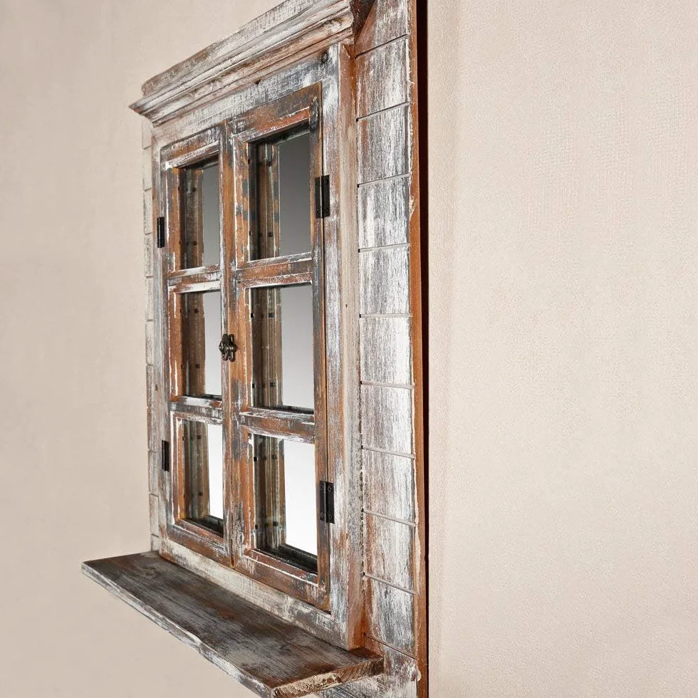 Melko lustro ścienne z okiennicami, 64 x 54 cm, Shabby Chic, okno z lustrem i półką, może być używane jako ramka na zdjęcia 13 x 13 cm