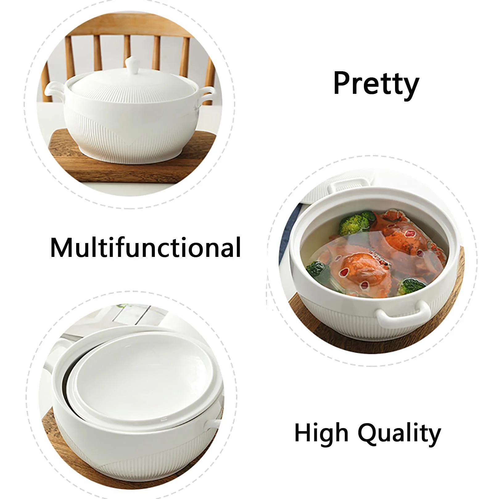 Waza do zupy ze szklaną pokrywką i łyżką, miska do zupy porcelanowej do serwowania stołów kuchennych,White,L