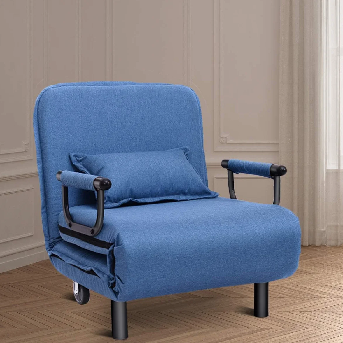 COSTWAY Fotel do spania 3 w 1 z funkcją łóżka, sofa do spania, składana, fotel składany, sofa z regulowanym oparciem, w zestawie poduszka, do sypialni, salonu, biura (niebieski)