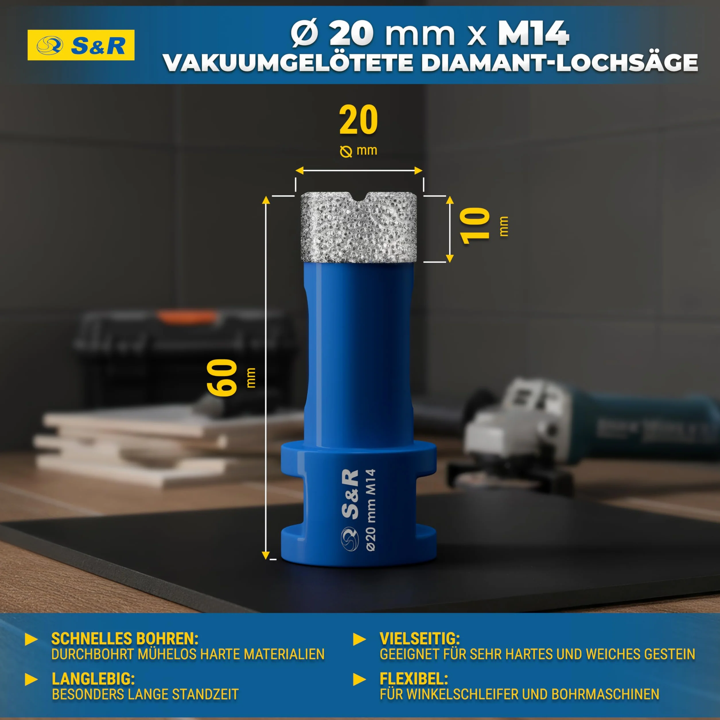 S&R Profesjonalne diamentowe wiertło do płytek 20 mm, otwornica do płytek, gwint M14, diamentowe wiertło, płytki, lutowana próżniowo koronka wiertnicza, szlifierka kątowa do ceramiki, gresu, granitu