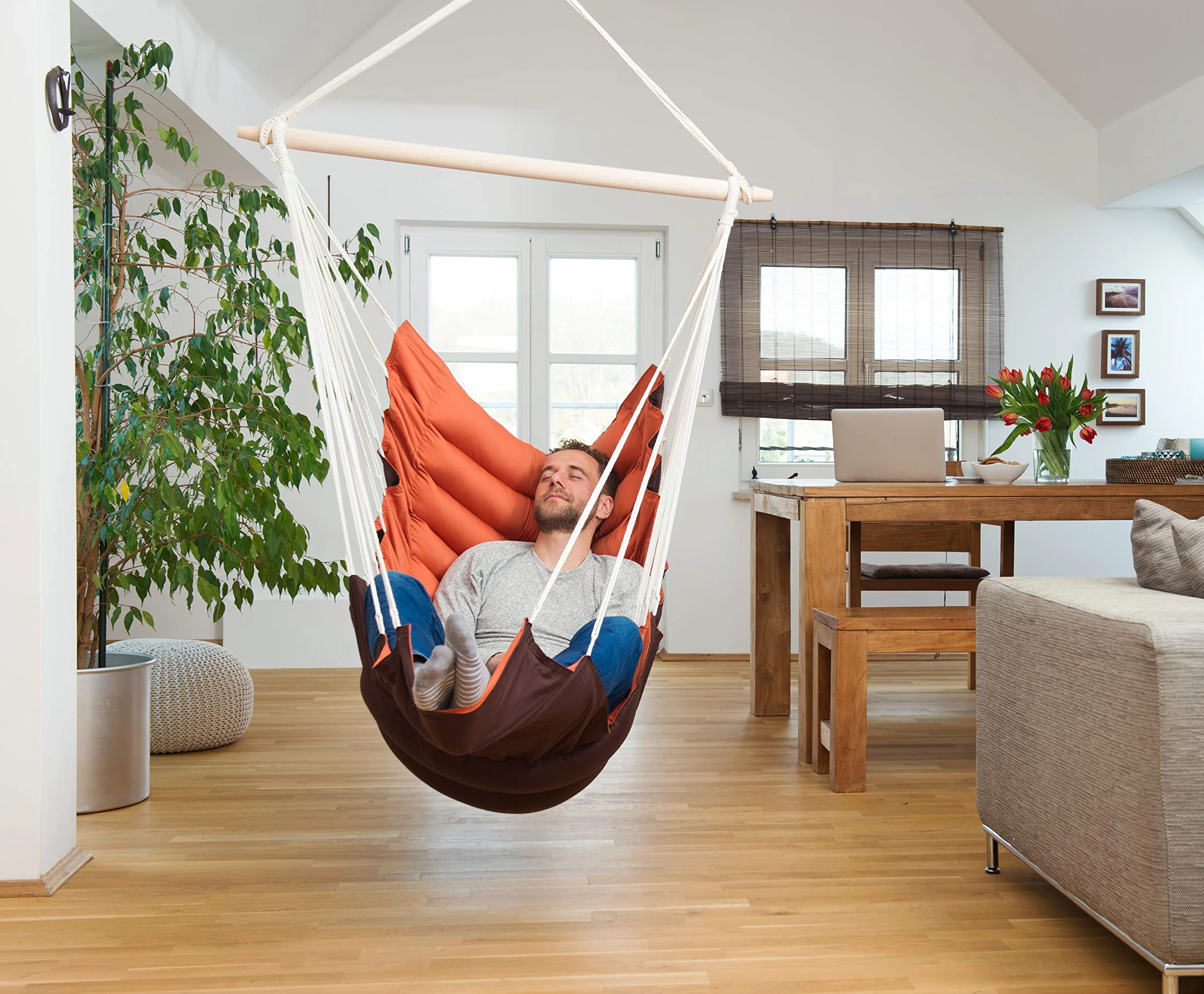 AMAZONAS Bardzo wygodny fotel wiszący California Terracotta miękko wyściełany długość pręta 110 cm do 150 kg dwukolorowy pomarańczowy/brązowy