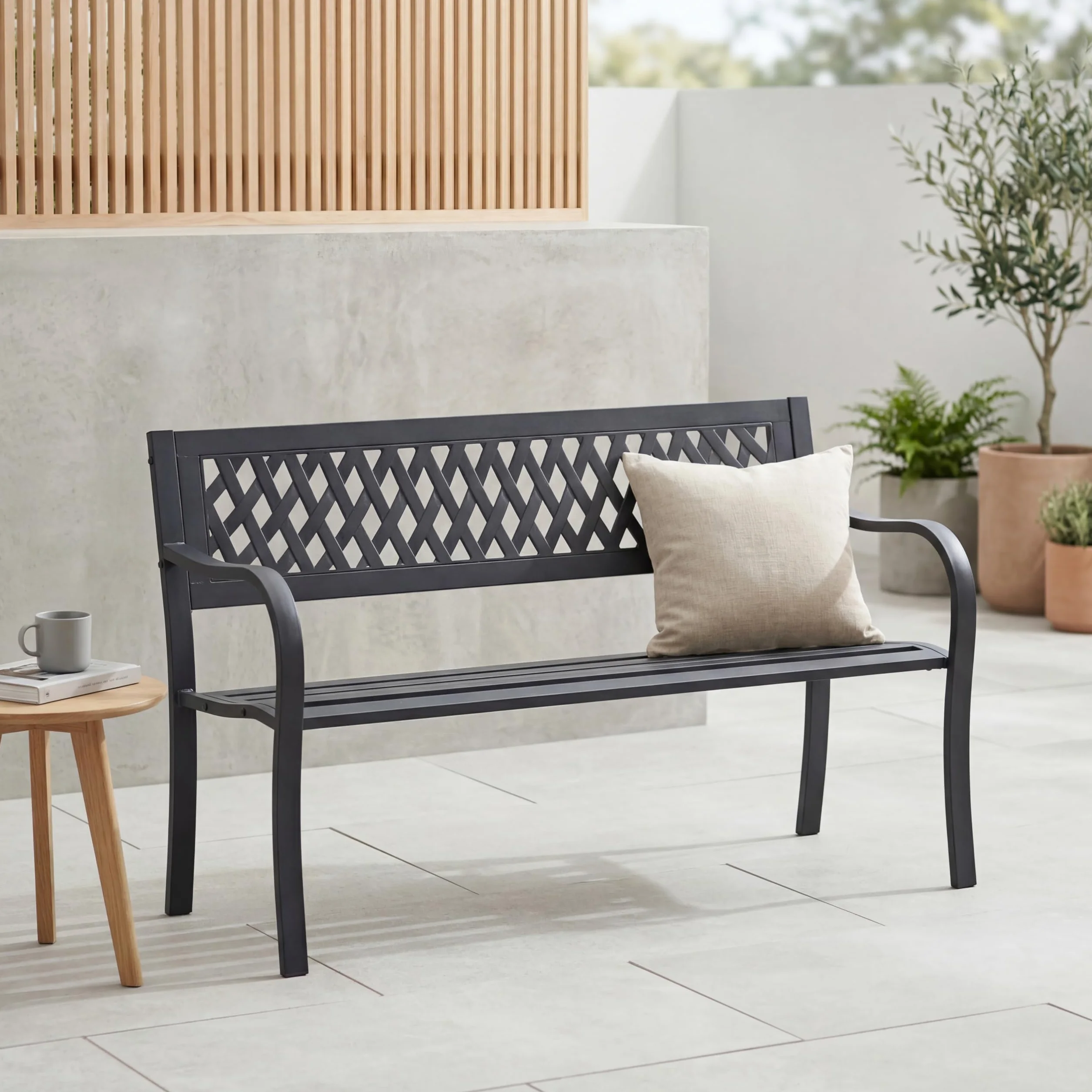 Home Discount Ogrodowa stalowa ławka ogrodowa Vida, design w stylu kraty, 3-osobowa meble ogrodowe, do siedzenia, parku, siedzenia na patio