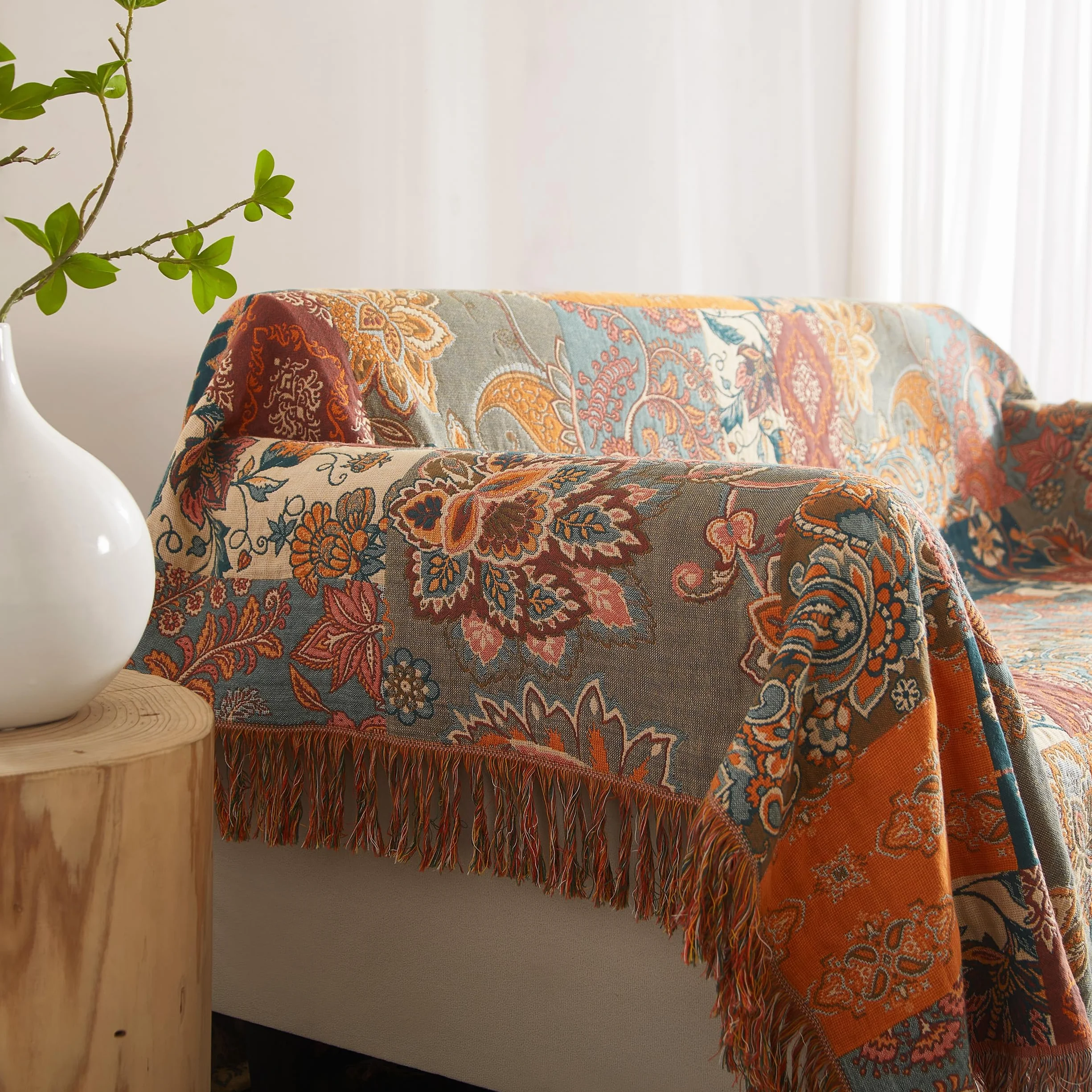 SESoftexly Bohemian koc 100% bawełna, duża dwustronna narzuta muślinowa, 200 x 230 cm, narzuta na sofę i łóżko, estetyczny design, idealny do salonu i sypialni, pomarańczowy/zielony