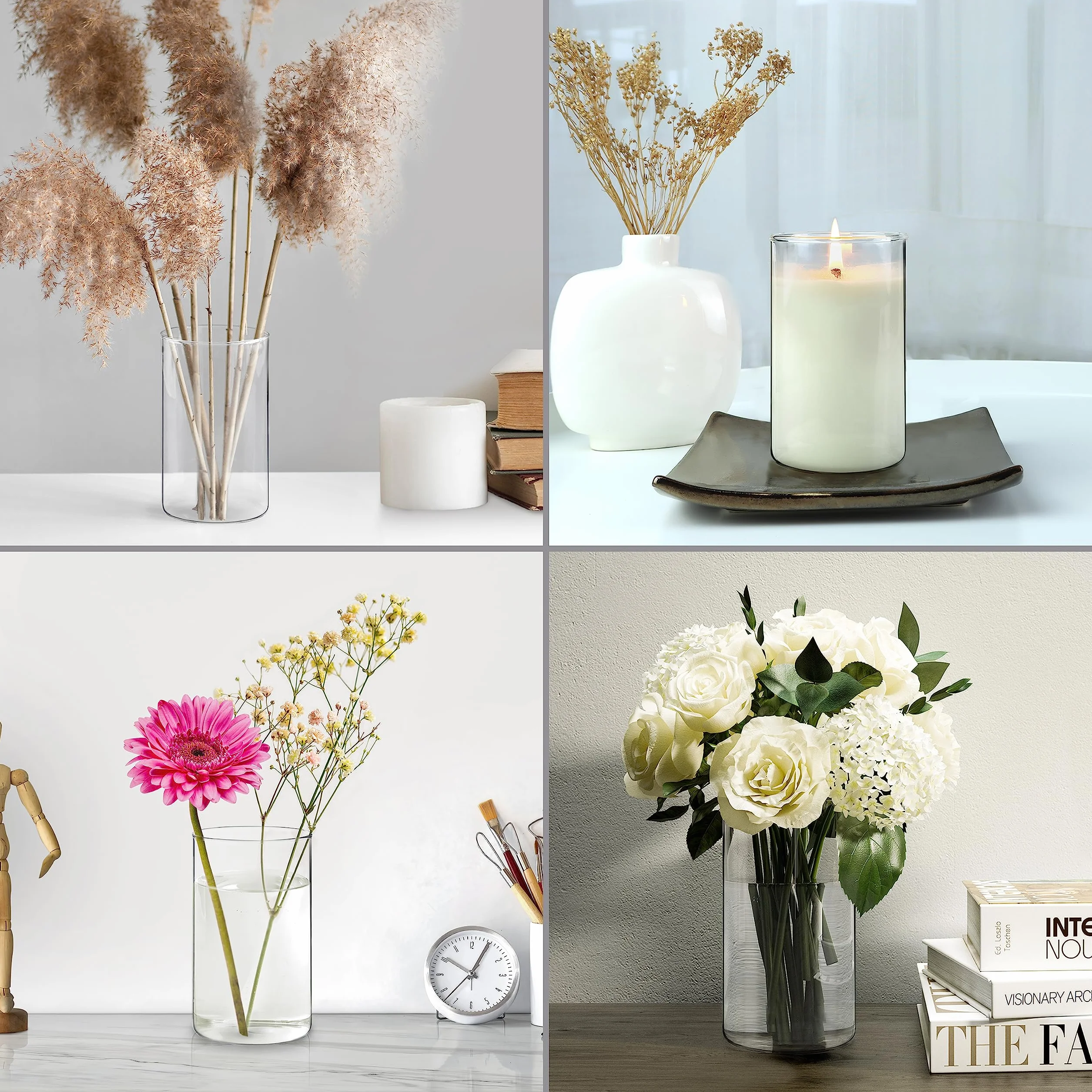 Winter Shore Wazy szklane na dekoracje [6 szt.] 15 cm - Przezroczyste wazy na kwiaty, świeczki, kamyki, muszle, koraliki - Przezroczyste wazy szklane w kształcie cylindra - Dekoracje domowe i ślubne.