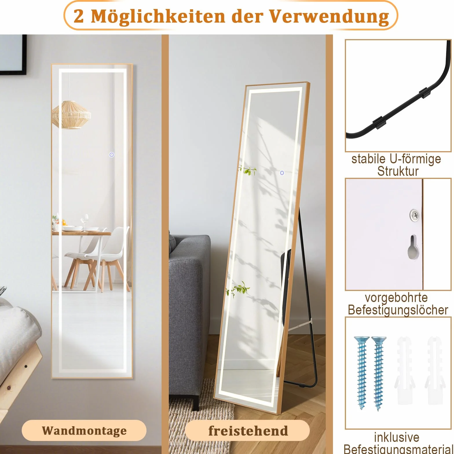 COSTWAY Lustro stojące 2 w 1 z oświetleniem LED, 3 kolory światła, możliwość ściemniania, lustro garderobiane ze złotą ramą aluminiową, do korytarza, sypialni, salonu