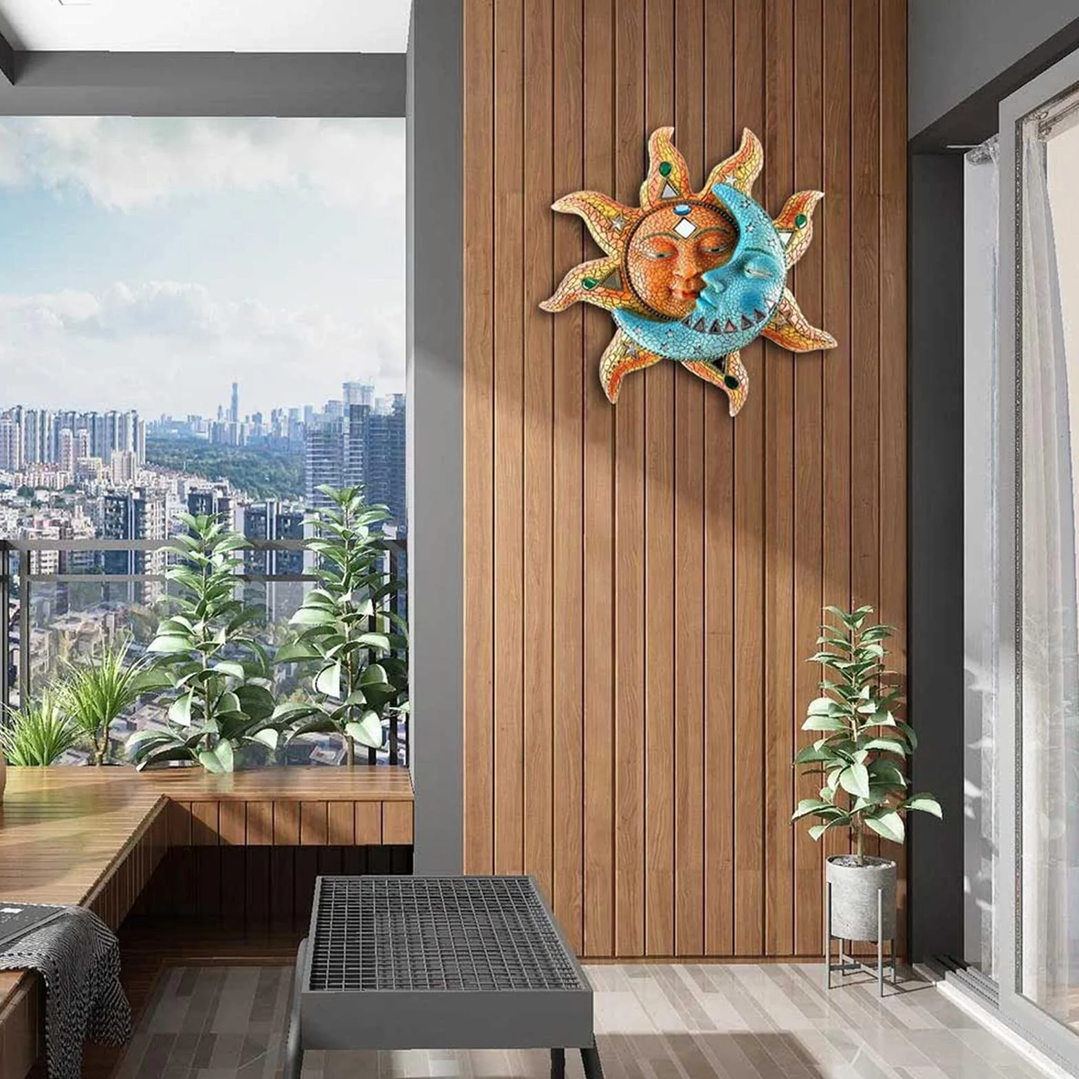 Metalowa dekoracja ścienna Sun Moon, kreatywne rzeźby ścienne wewnątrz i na zewnątrz Słońce i księżyc Wiszące ozdoby Wystrój dla domu Salon Sypialnia Kawiarnia Ogród,40x40cm/15.7"x15.7"