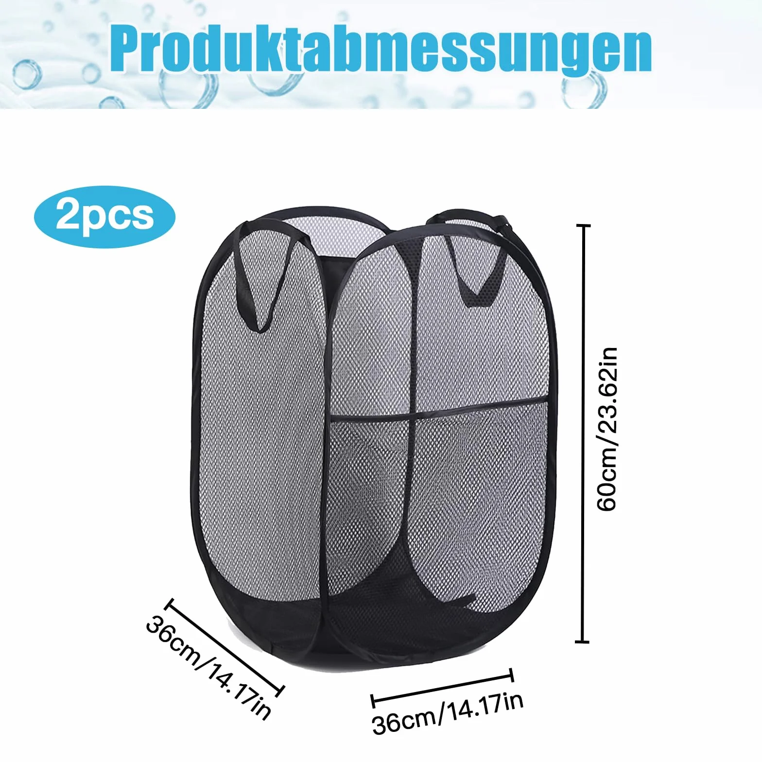 Pop-Up kosze na pranie, czarne, 2 sztuki, składany kosz na pranie 75 l, z uchwytami, 36 x 36 x 58 cm, składany kosz na pranie do łazienki, mieszkania, na podróż i kemping