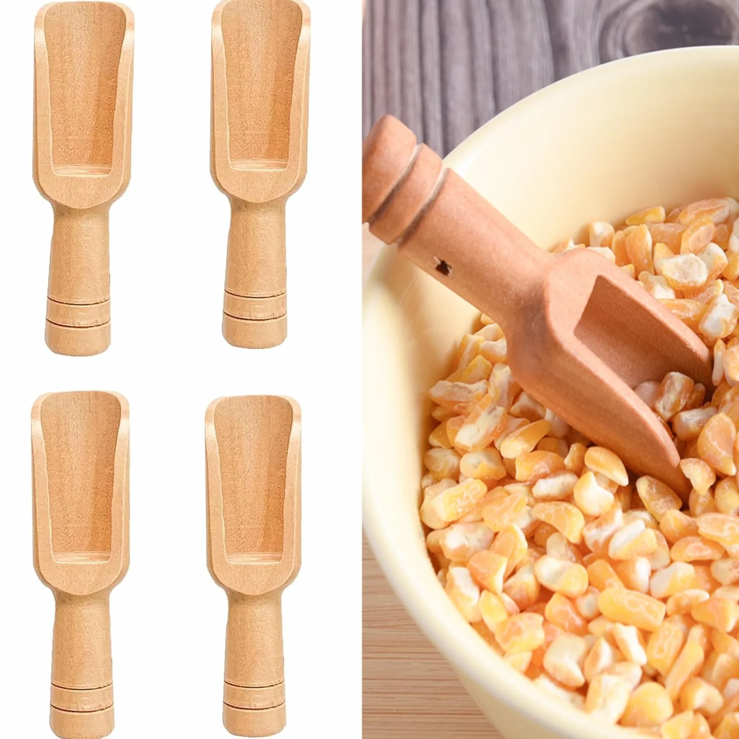 Luxiremi Zestaw 4 mini łyżek z naturalnego drewna, 7,4 cm, do kuchni, soli do kąpieli, pudru, herbaty i wielu innych, przyjazne dla środowiska, łatwe do czyszczenia