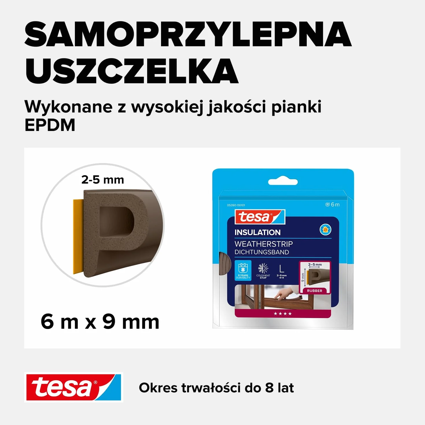 tesa INSULATION L uszczelka gumowa - Samoprzylepna uszczelka do izolacji szczelin w oknach i drzwiach - Brązowa - 6 m x 9 mm x 5,5 mm